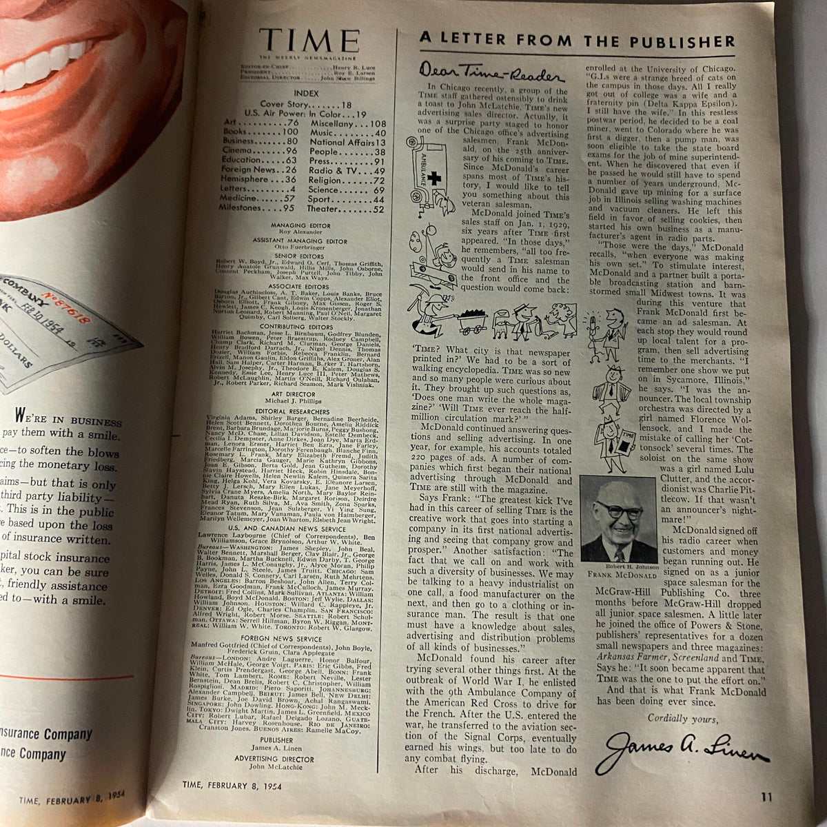 Interior page of VTG Time Magazine February 8, 1954, showing an article layout with a letter from the publisher and an index, providing insights into contemporary issues.