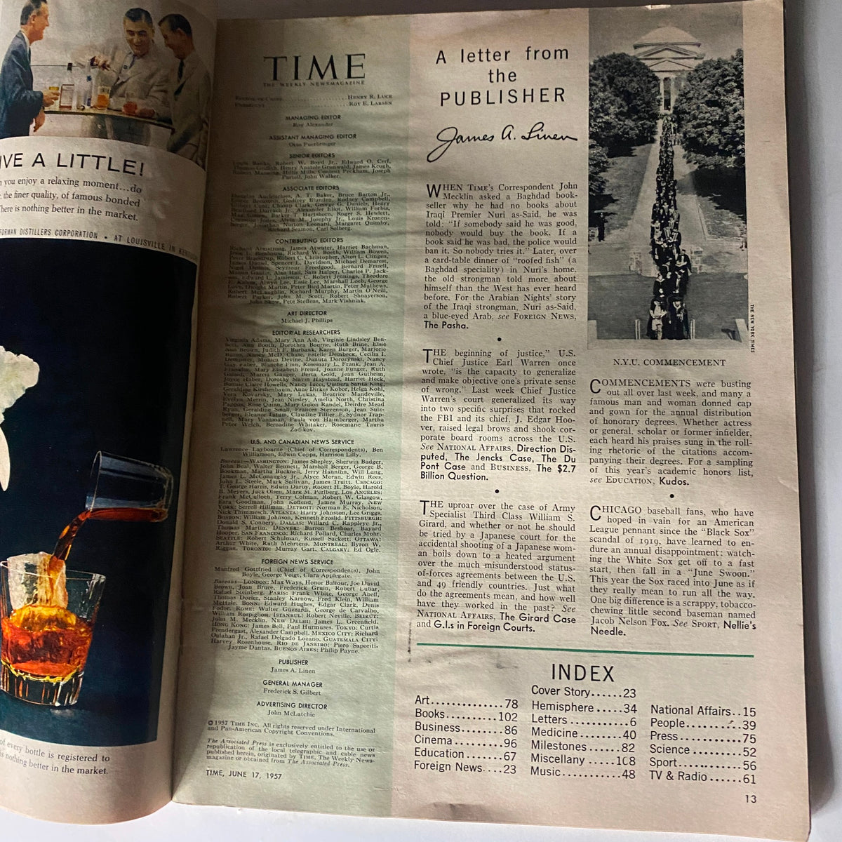 Page from the VTG Time Magazine June 17, 1957, featuring a letter from the publisher and the magazine's editorial staff, showcasing historical content.