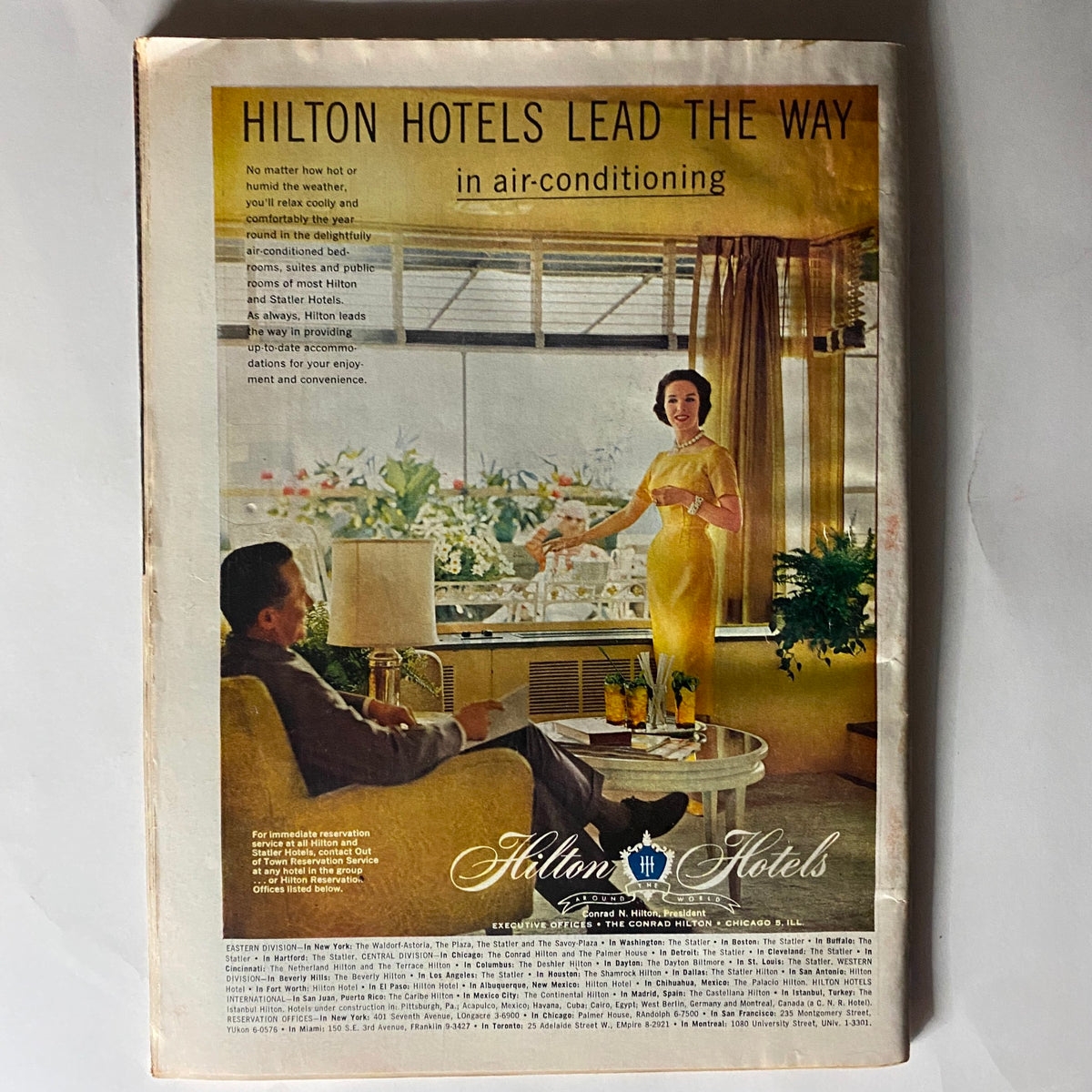 Advertisement page in the VTG Time Magazine June 17, 1957, promoting Hilton Hotels' air-conditioning services, reflecting mid-20th-century marketing.