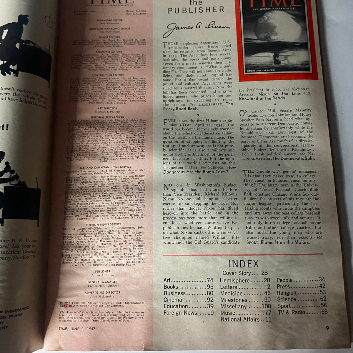 Inside page of VTG Time Magazine June 3, 1957 featuring the publisher information and editorial staff.