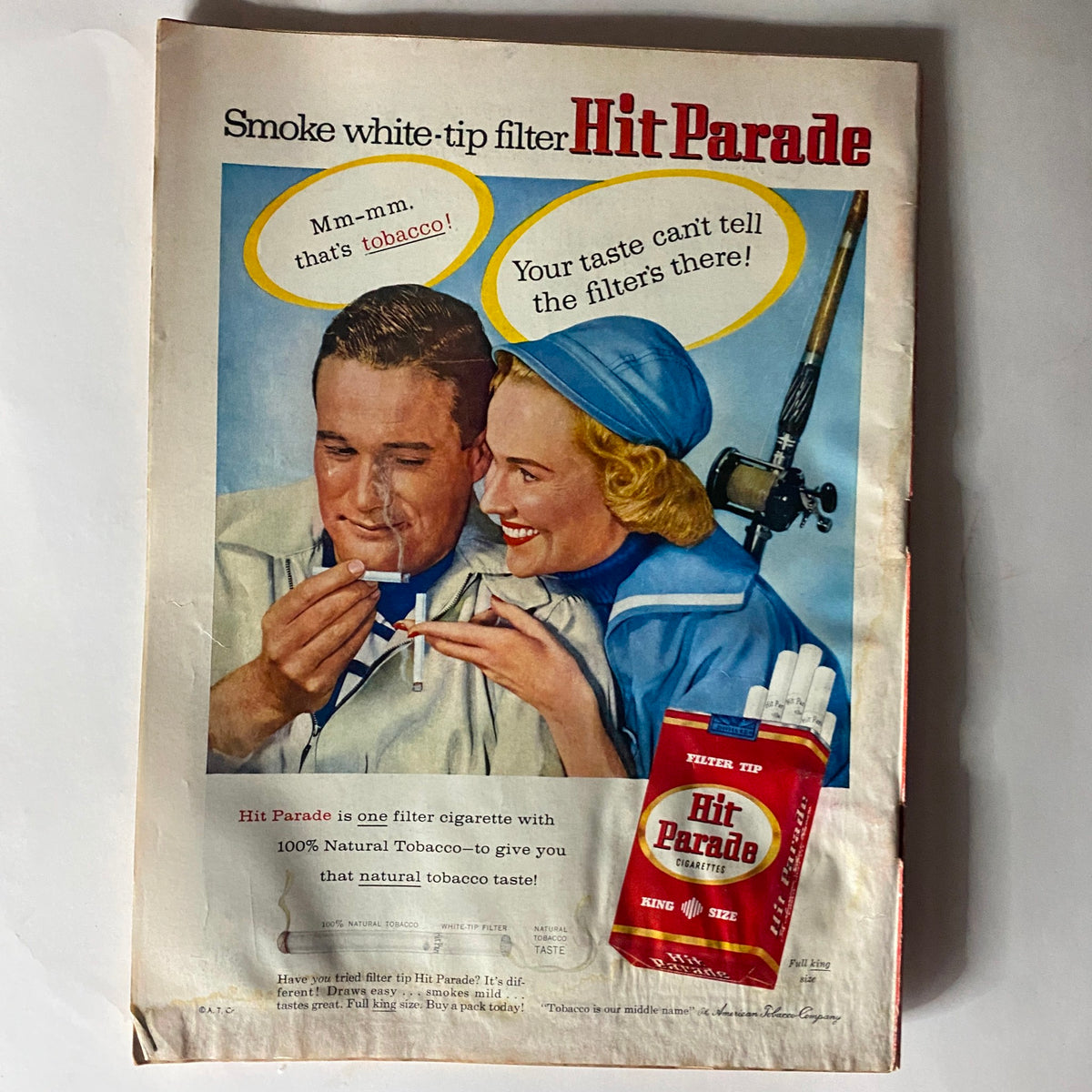 Vintage advertisement from VTG Time Magazine June 3, 1957 promoting Hit Parade cigarettes with a colorful illustration.