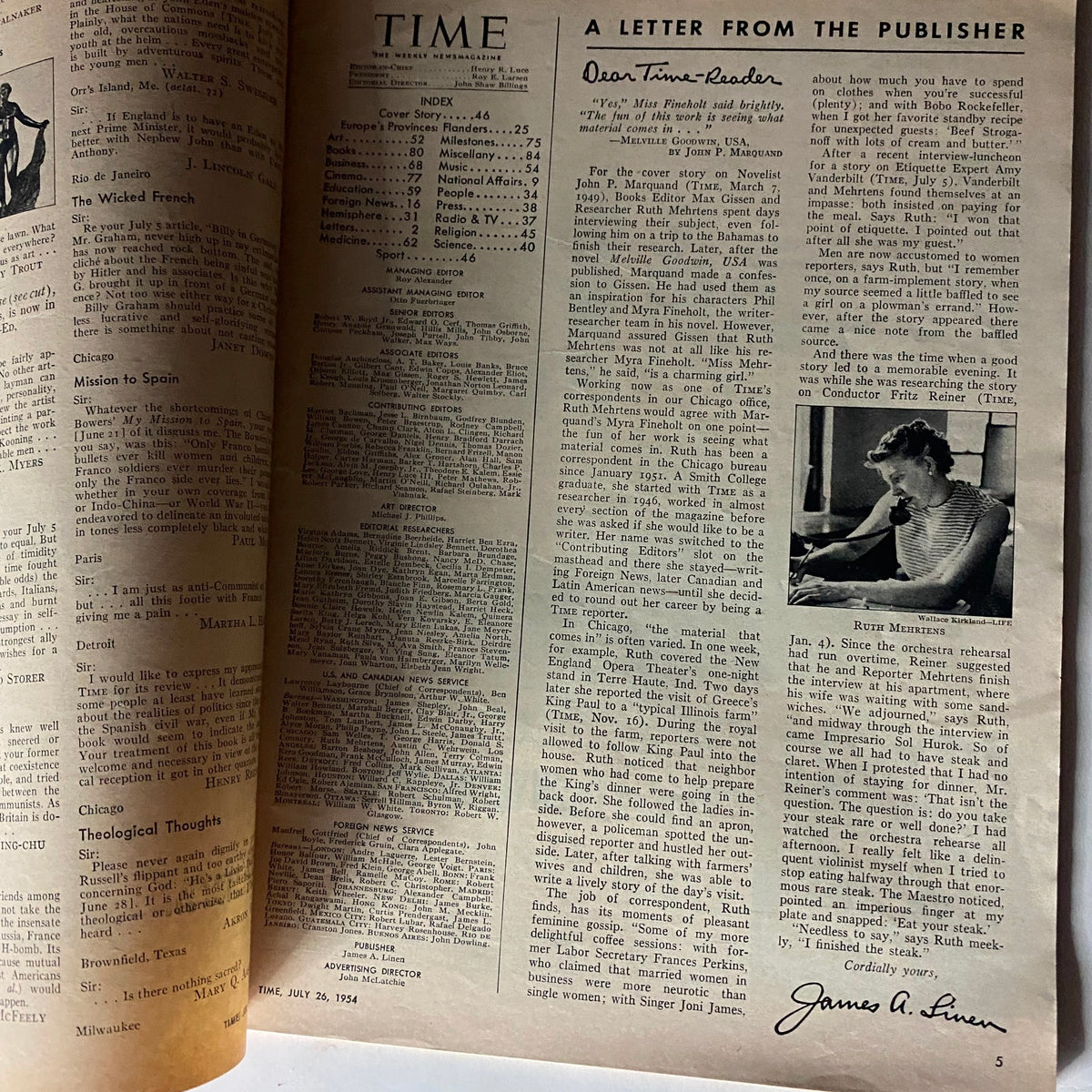 Interior page of VTG Time Magazine July 26, 1954 Vol 64 No. 4 featuring articles and editorials, reflecting mid-20th century culture and history.