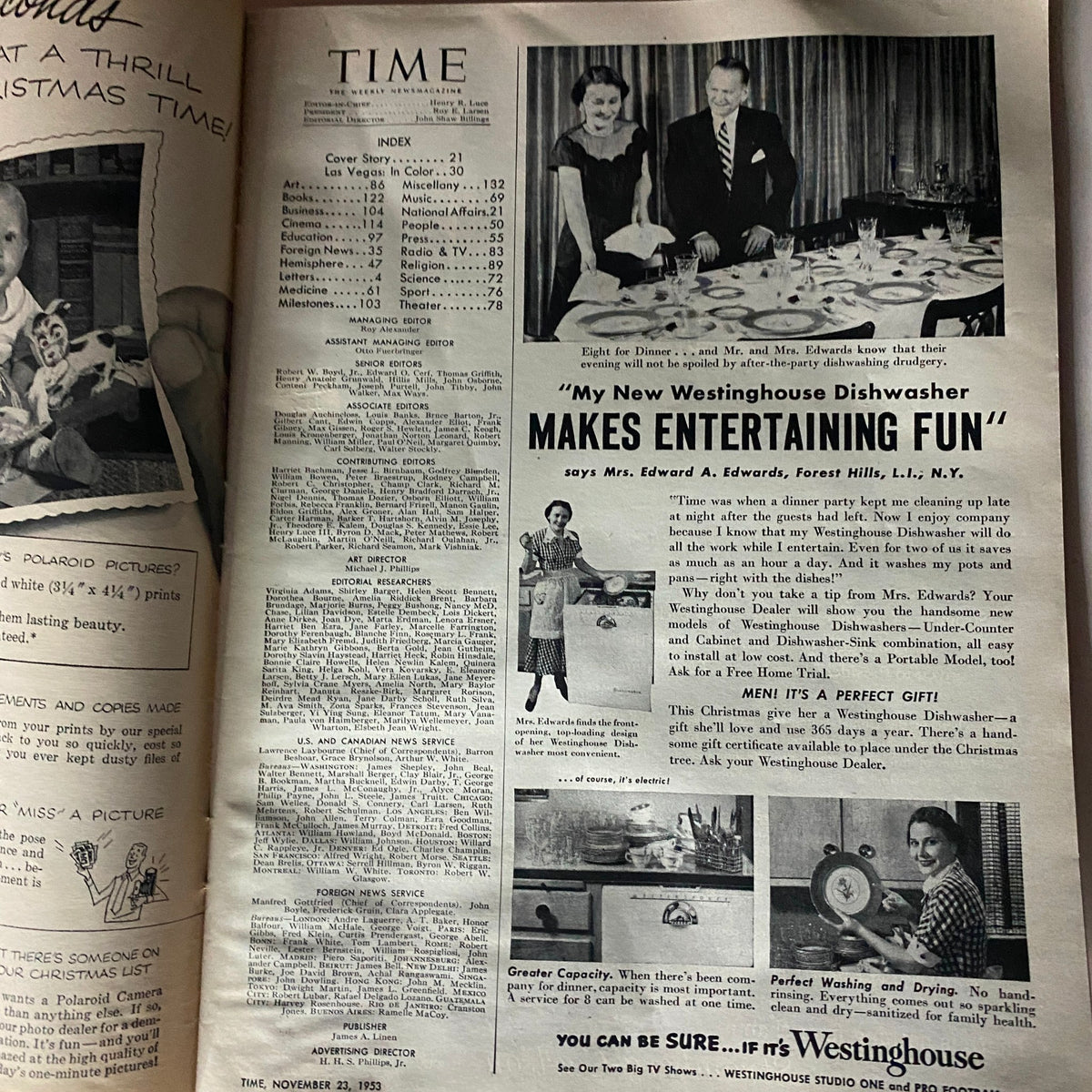Inside page of the VTG Time Magazine November 23, 1953, displaying the index and an advertisement for Westinghouse dishwashers.