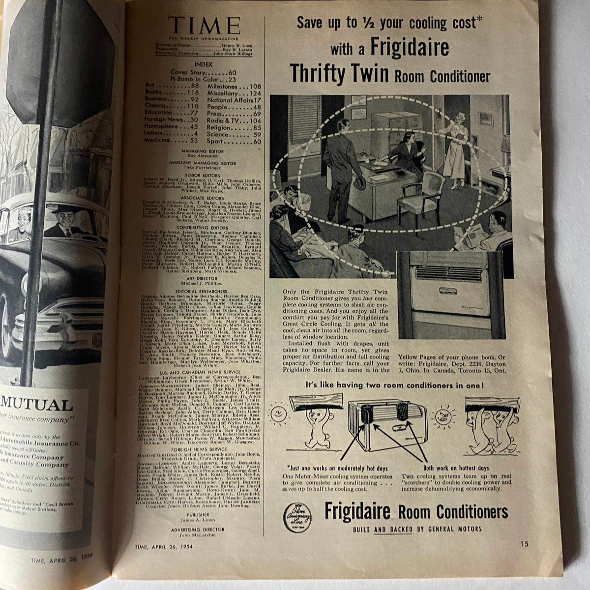 Inside page of the Vintage Time Magazine from April 26, 1954 showing the contents and advertisements including a Frigidaire room air conditioner.