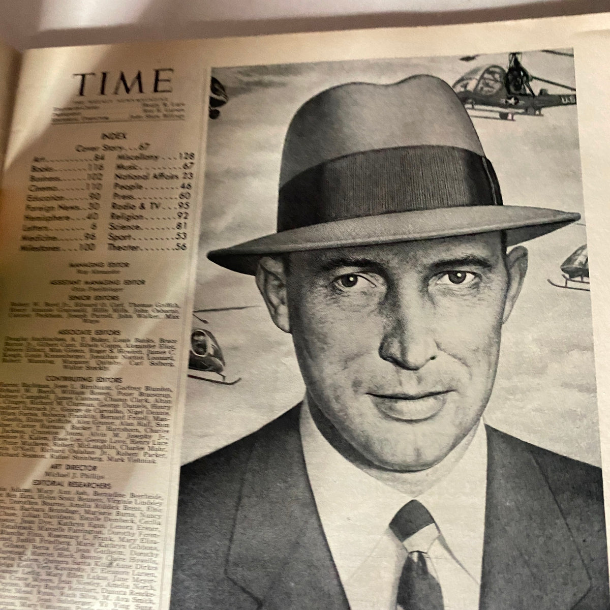 VTG Time Magazine November 8, 1954 featuring a portrait of a man in a suit and hat, showcasing the index for articles within the issue.