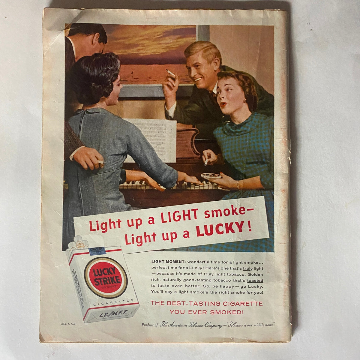 Vintage advertisement within VTG Time Magazine February 10, 1958, for Lucky Strike cigarettes, illustrating marketing styles of the 1950s.