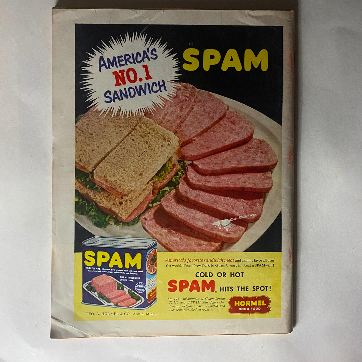 Vintage advertisement for SPAM featuring bread and sliced SPAM, showcasing 'America's No. 1 Sandwich' from the VTG Time Magazine October 11, 1954.