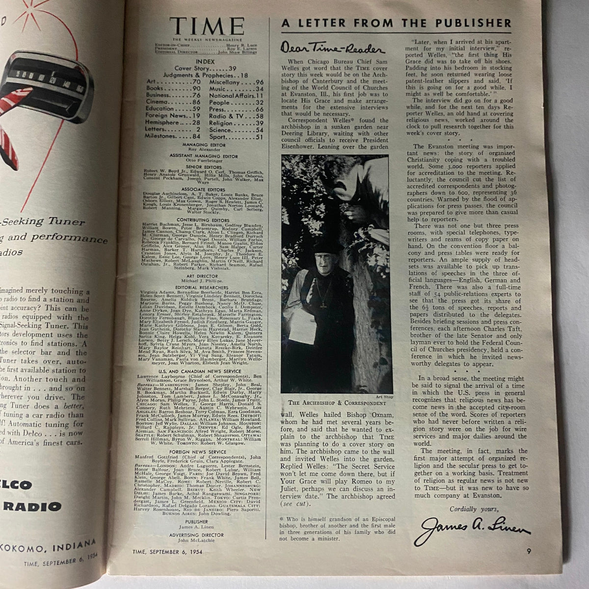 Interior page of VTG Time Magazine dated September 6, 1954, featuring a letter from the publisher alongside an image of the Archbishop of Canterbury.