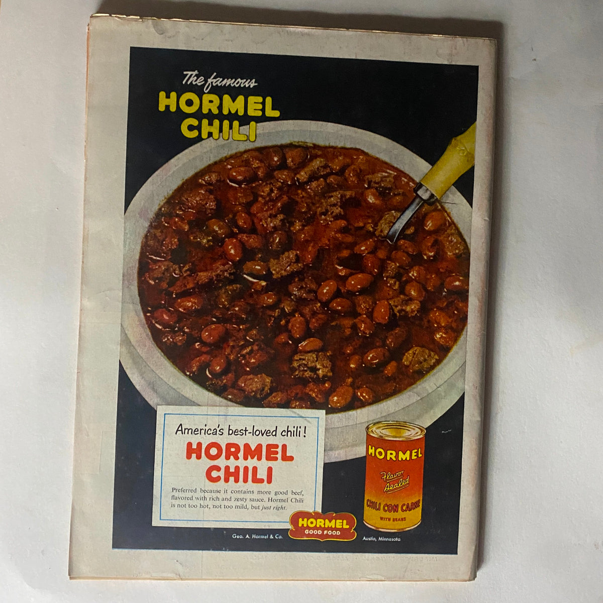 Back cover advertisement of VTG Time Magazine, September 13, 1954, showcasing Hormel Chili with a descriptive slogan emphasizing its popularity and taste.