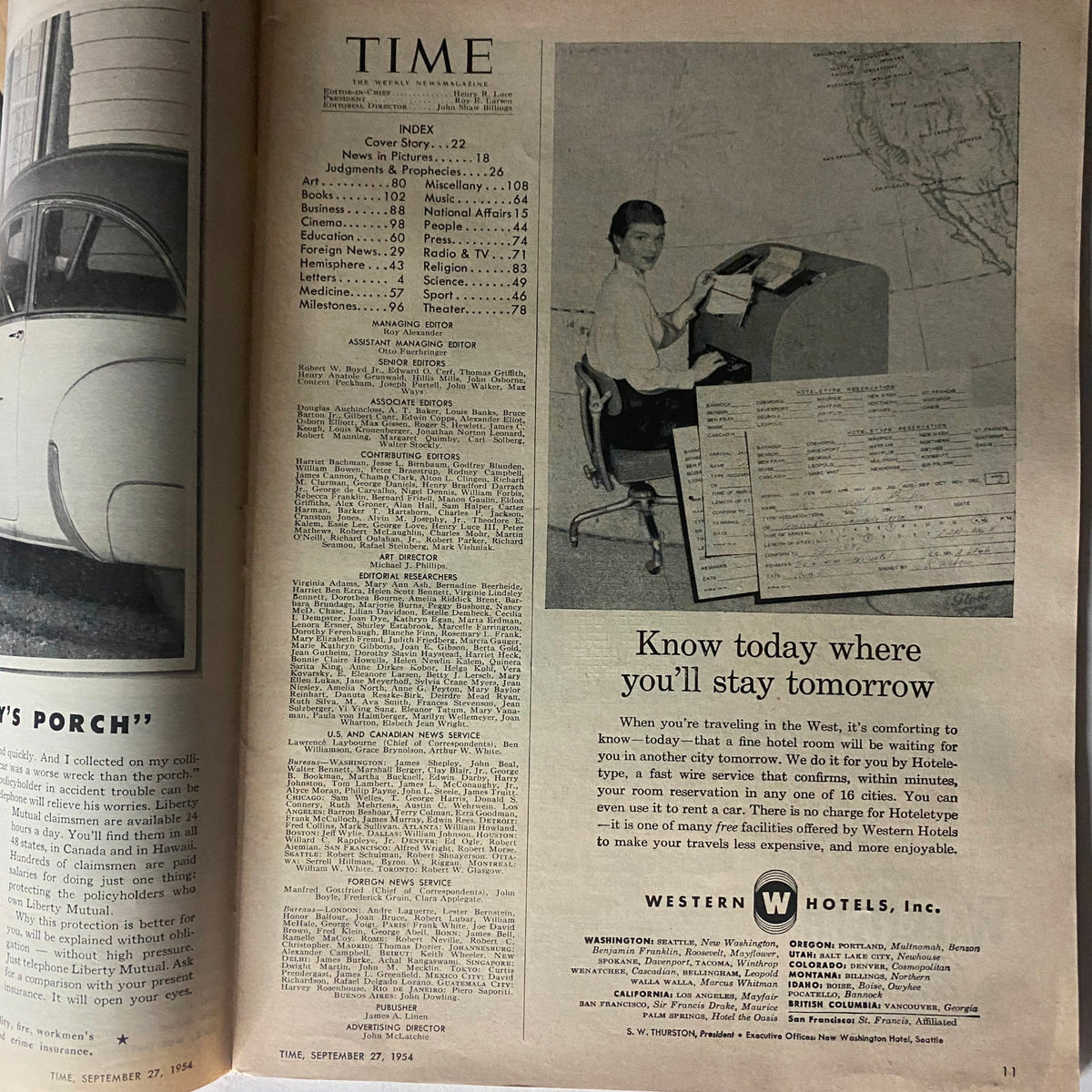 Interior page of VTG Time Magazine dated September 27, 1954, featuring an index and an advertisement for Western Hotels. This magazine highlights influential articles, including a cover story on scientist David Riesman.
