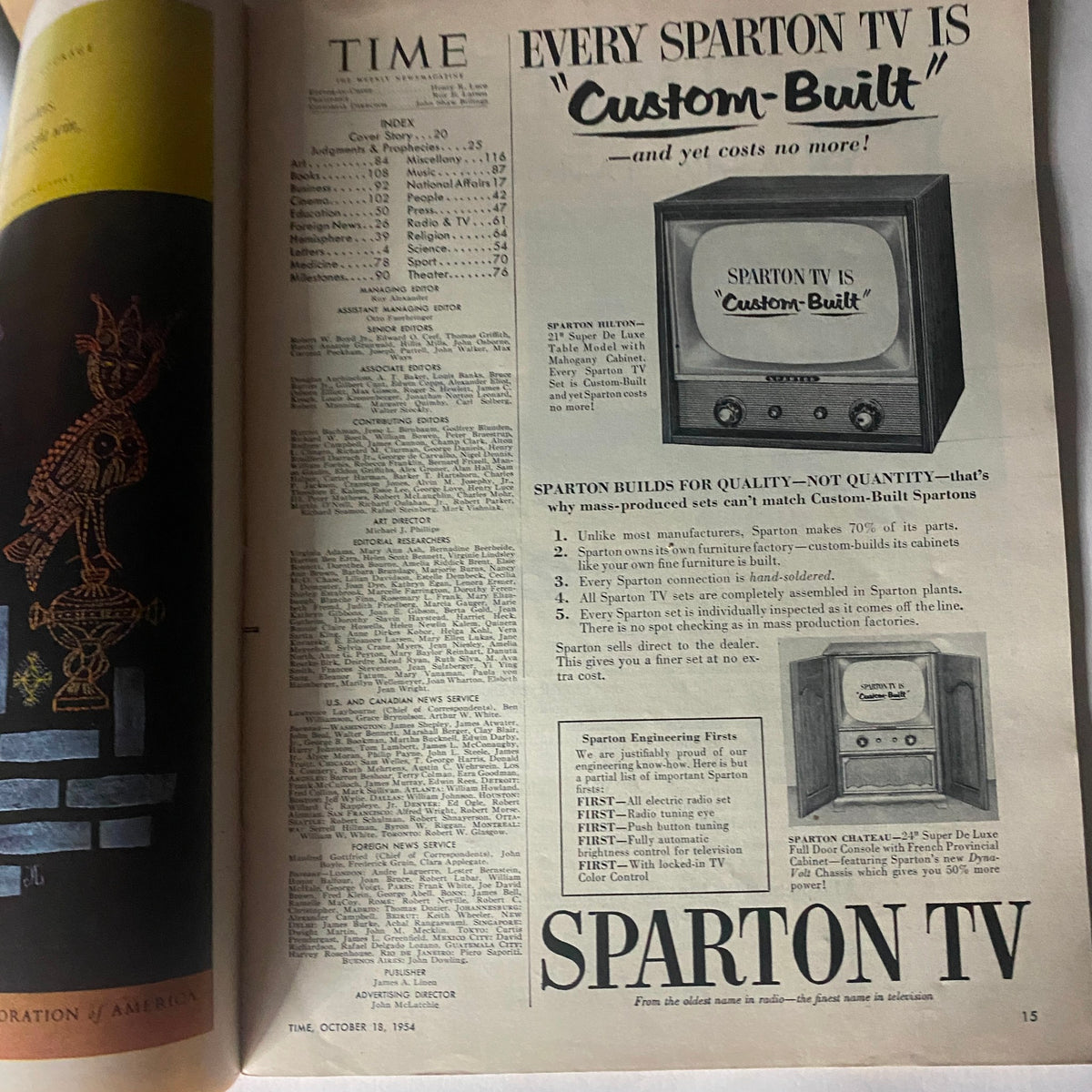 Interior page of VTG Time Magazine from October 18, 1954 showcasing an advertisement for Spar ton TVs, Volume 64, Number 16.