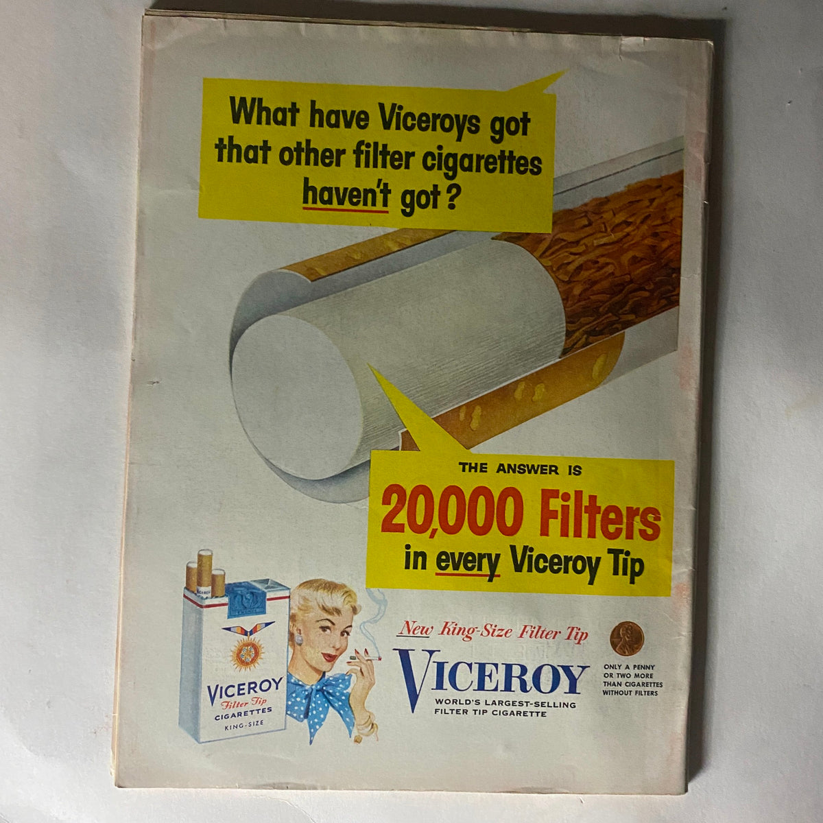 Back cover of VTG Time Magazine October 18, 1954 featuring an advertisement for Viceroy filter cigarettes, Volume 64, Number 16.