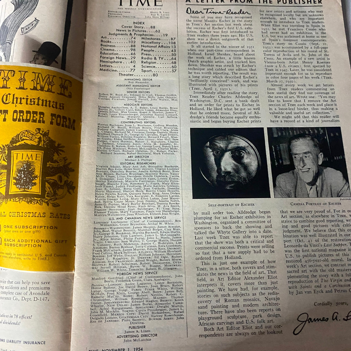 Interior page of VTG Time Magazine November 1, 1954 Vol 64 No. 18 showcasing the magazine's index and a letter from the publisher, reflecting the content and design of 1950s' publications.