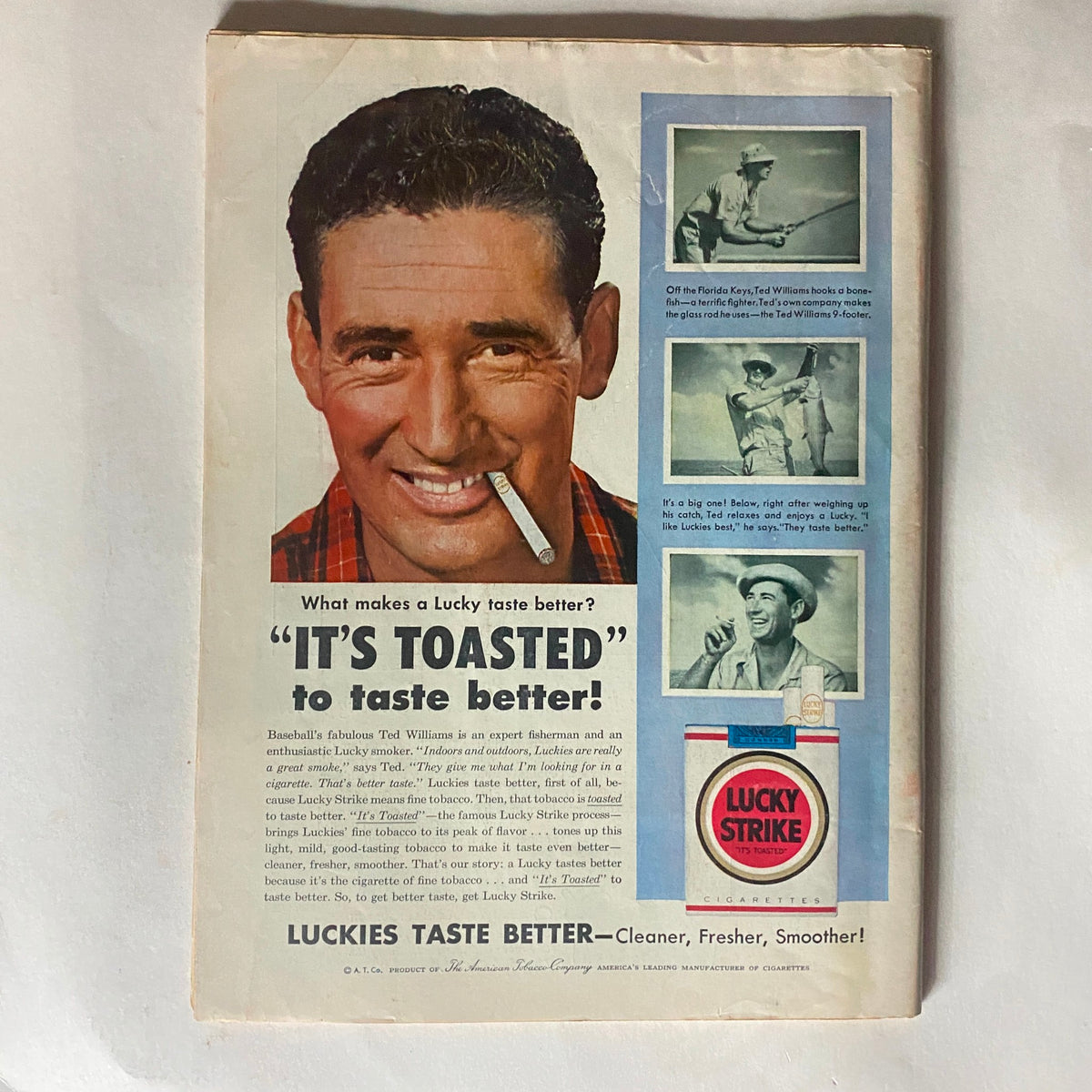 Back cover of VTG Time Magazine November 1, 1954 Vol 64 No. 18 featuring an advertisement for Lucky Strike cigarettes with a smiling fisherman promoting the product.