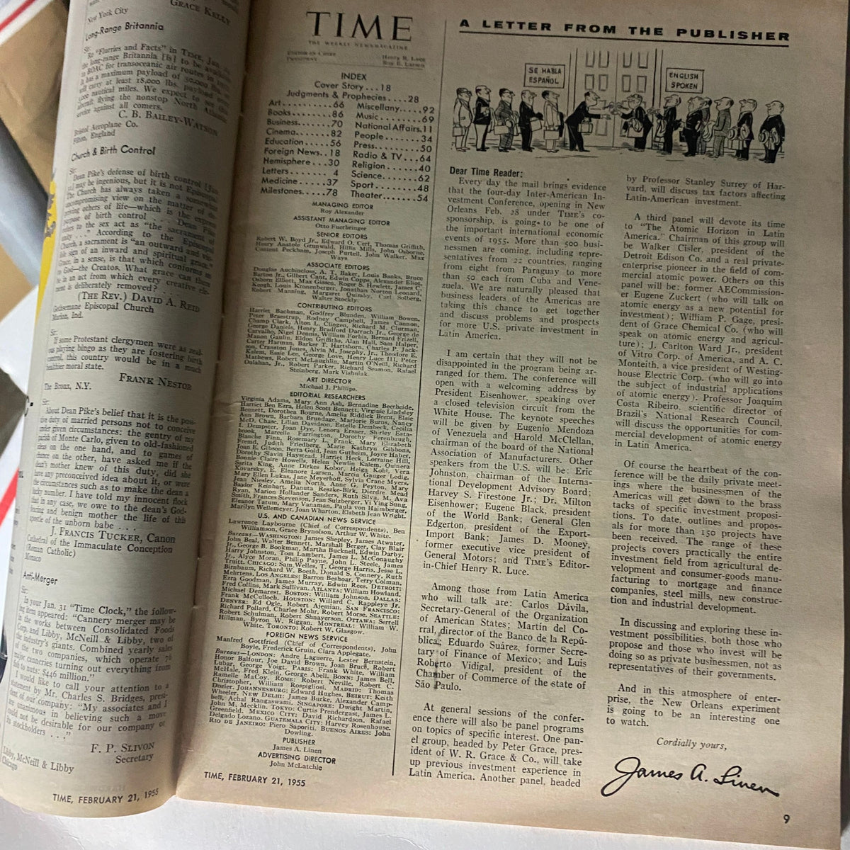 Inside page of VTG Time Magazine February 21, 1955, including the publisher's letter and content index, providing insight into the magazine's articles and topics.