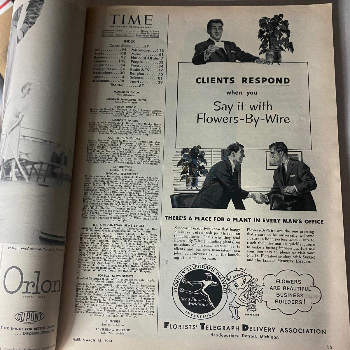 Interior view of the VTG Time Magazine March 15, 1954, showcasing the contents index with an advertisement for Flowers-By-Wire service, reflecting 1950s marketing strategies.
