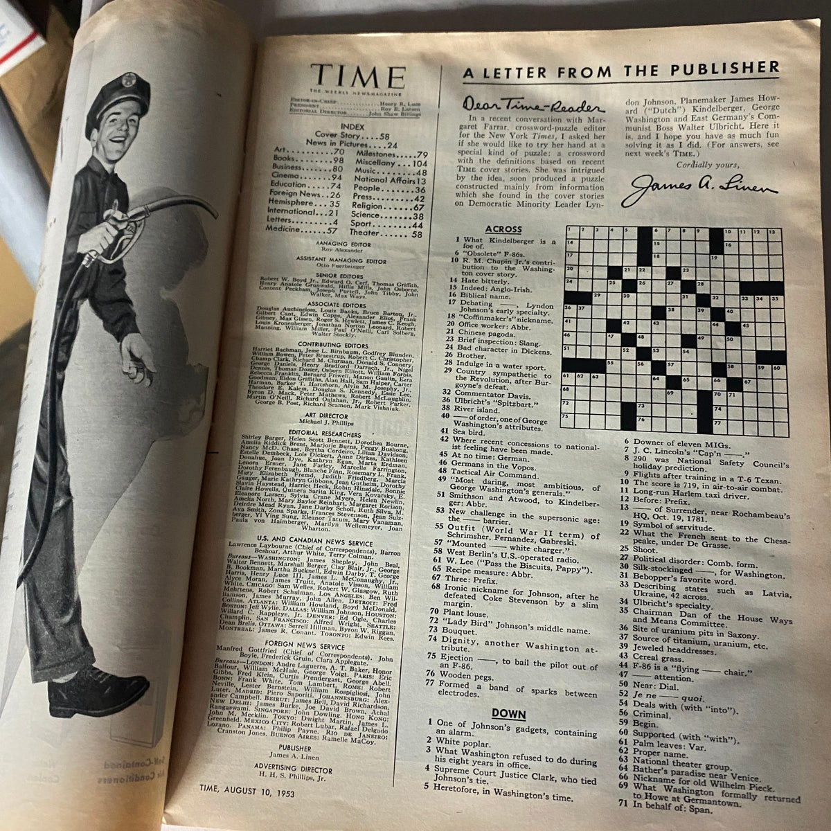 Interior page of VTG Time Magazine August 10, 1953 Vol 62 No. 6 displaying the index and a letter from the publisher, capturing the publication's layout and content.