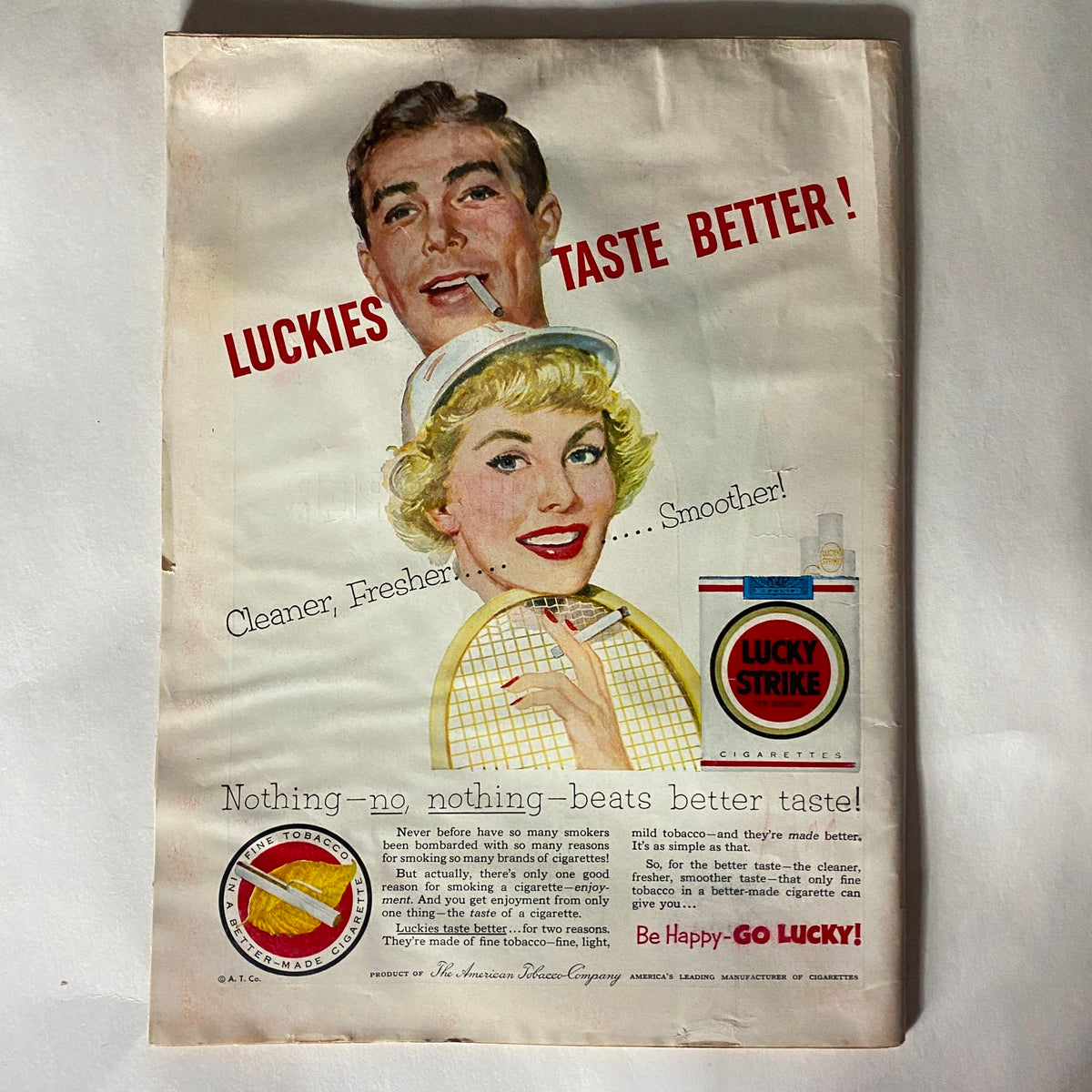 Vintage advertisement from the back cover of VTG Time Magazine August 10, 1953 Vol 62 No. 6 promoting Lucky Strike cigarettes with a colorful illustration.
