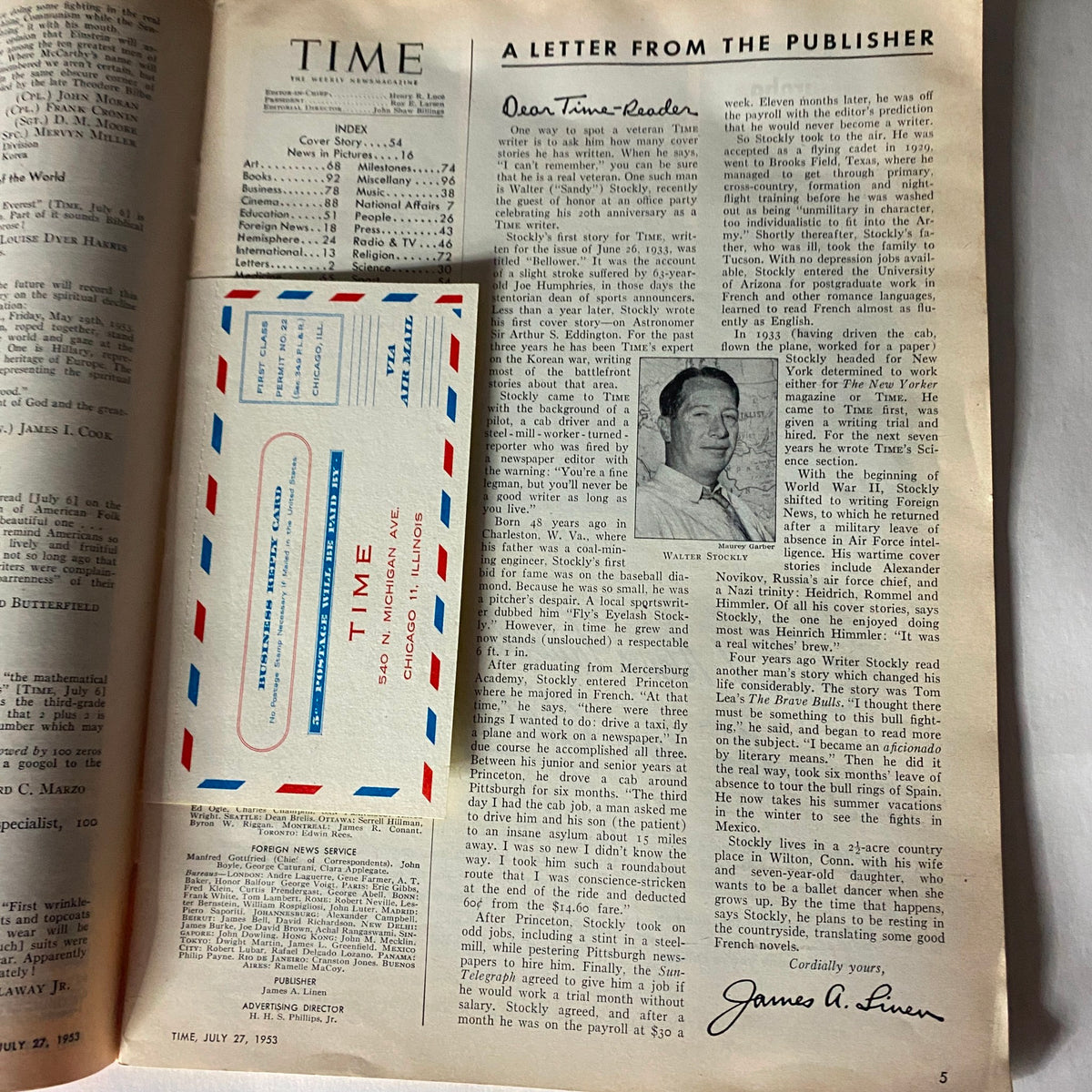 Interior page of VTG Time Magazine July 27, 1953, showing a letter from the publisher with an advertisement card.