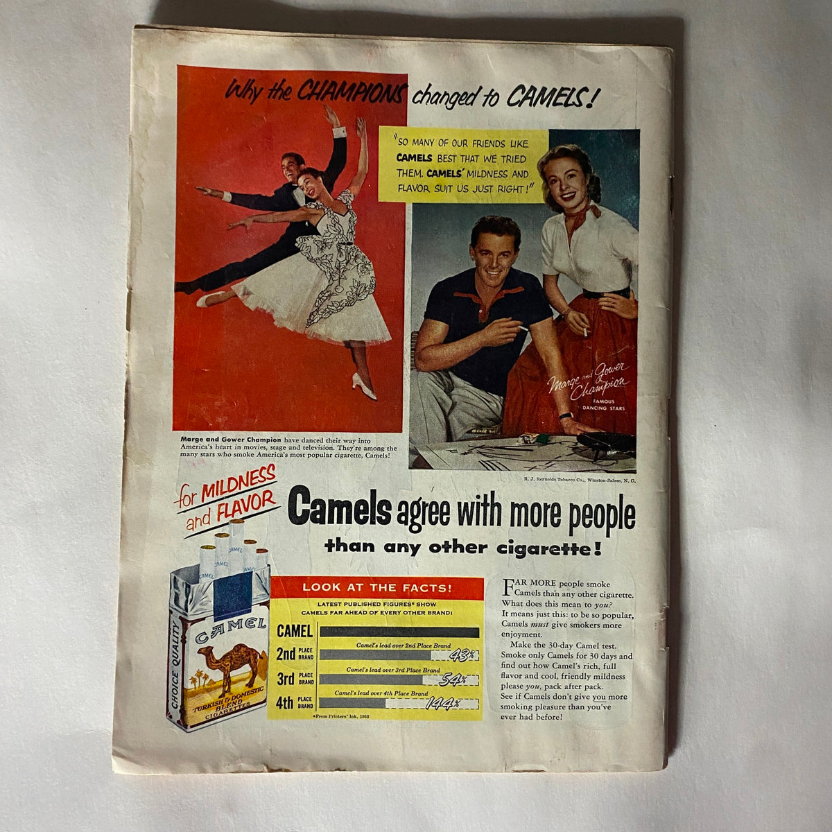 Vintage advertisement from Time Magazine July 27, 1953 featuring the slogan 'Why the Champions changed to CAMELS!' with dancers Marge and Gower Champion, highlighting Camel cigarettes for their mildness and flavor.