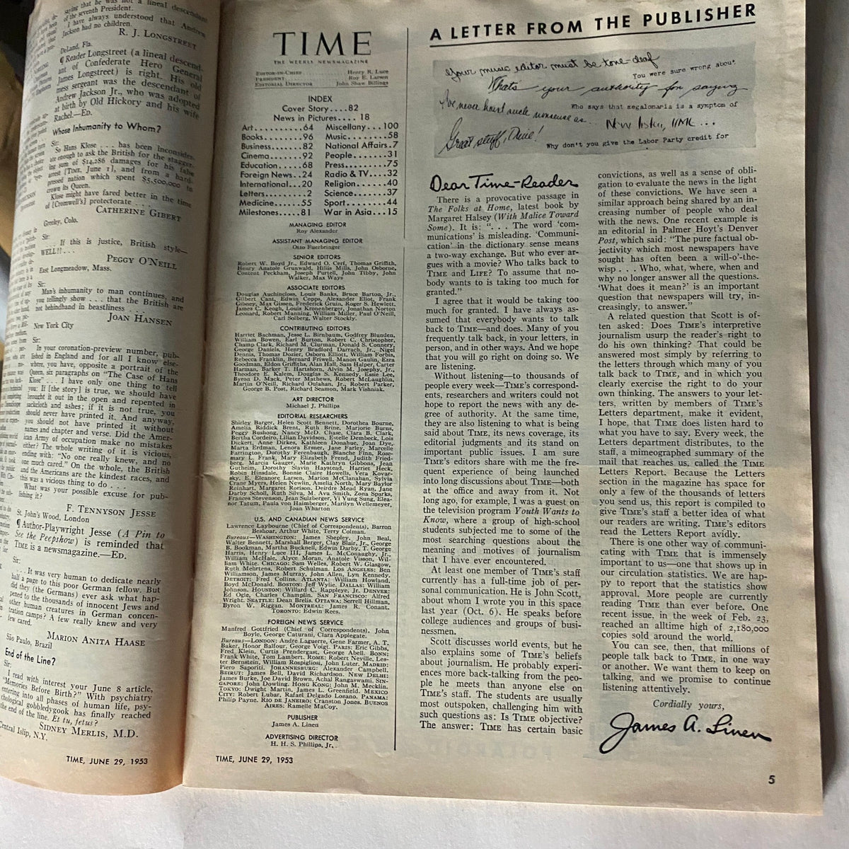Inside page of the VTG Time Magazine June 29, 1953, containing a letter from the publisher, showcasing vintage news format and content.