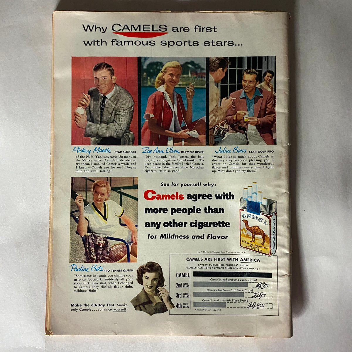 Vintage advertisement for Camels cigarettes featuring famous sports stars, including Mickey Mantle, Zoe Ann Olsen, Julius Boros, and Pauline Betz, showcasing their endorsements. The ad promotes the flavor and mildness of Camels, connecting it to the iconic Time Magazine September 7, 1953 featuring Audrey Hepburn.