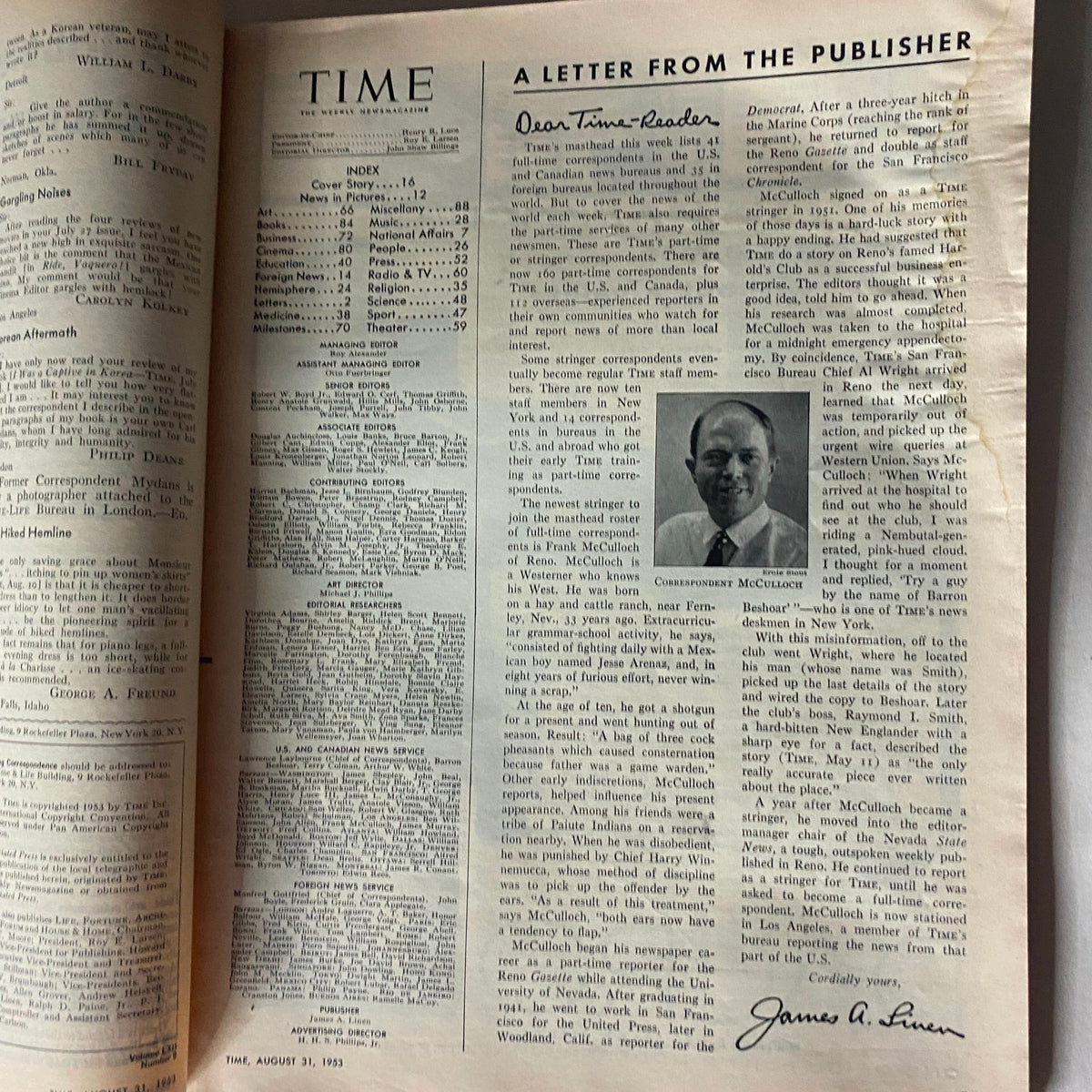 Interior view of the VTG Time Magazine August 31, 1953, Vol 62 No. 9 featuring a letter from the publisher and editorial content, capturing the essence of early 1950s journalism.