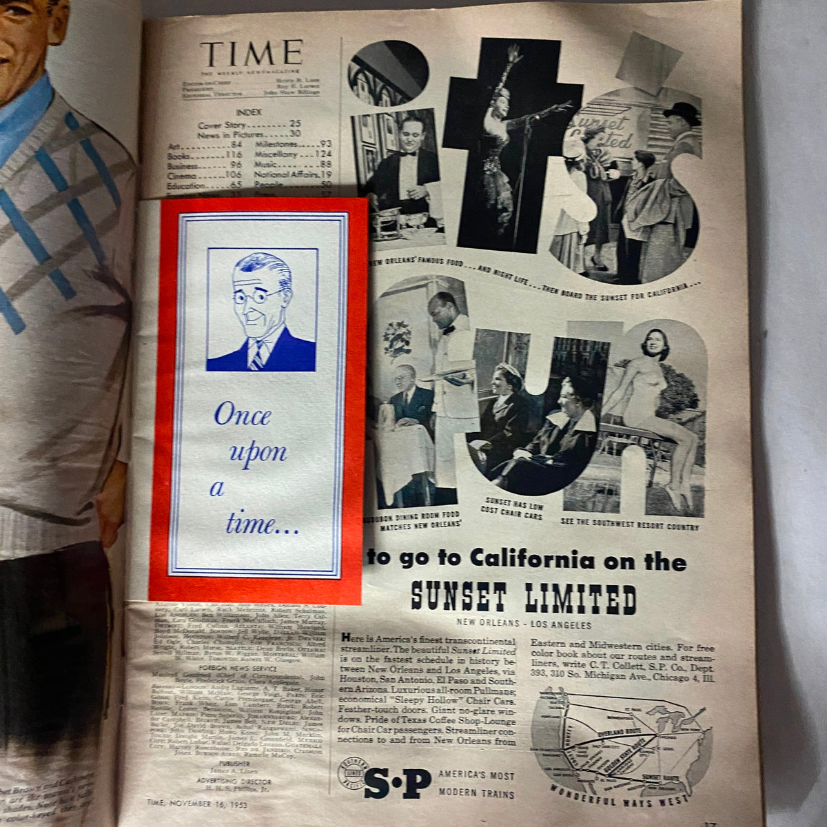 Vintage Time Magazine spread from November 16, 1953 featuring advertisements and cultural references, highlighting Igor Sikorsky on the cover, Volume 62 Number 20.