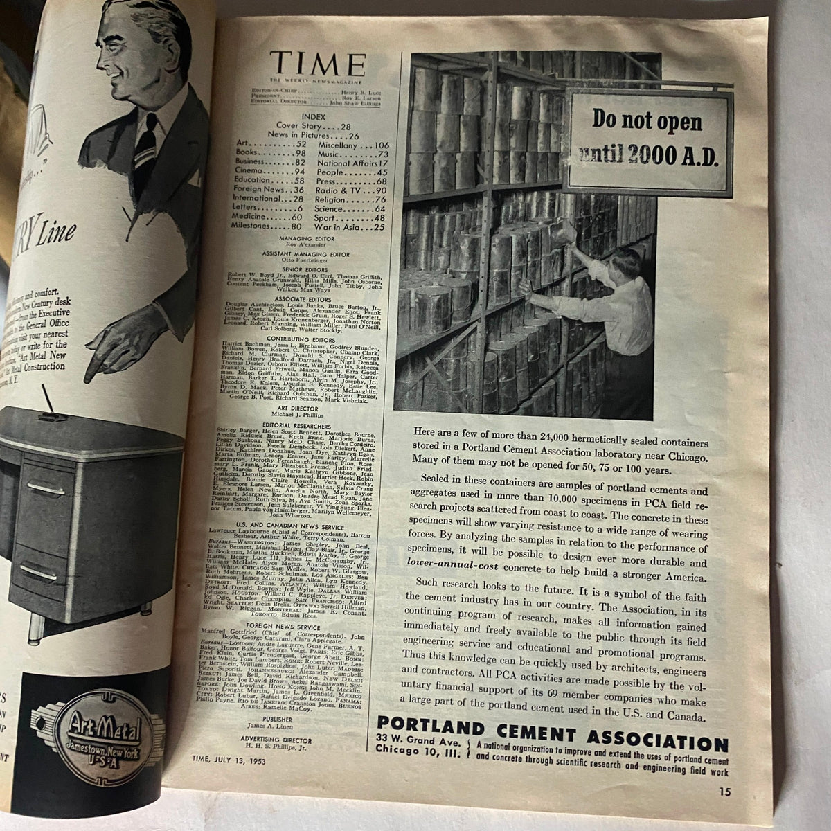 Inside page of VTG Time Magazine July 13, 1953 Vol 62 No. 2 showcasing the index and notable articles, reflecting mid-20th century events.