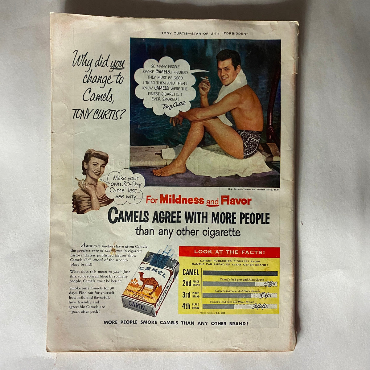 Back cover of VTG Time Magazine July 13, 1953 Vol 62 No. 2 displaying a vintage advertisement for Camel cigarettes featuring actor Tony Curtis.