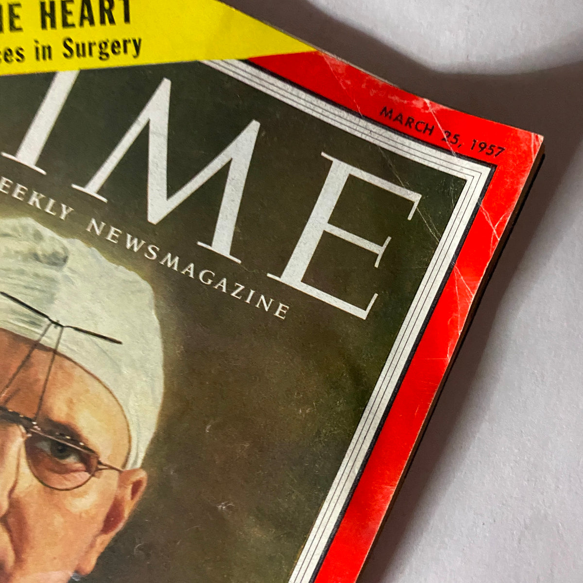 Close-up view of the cover of VTG Time Magazine March 25, 1957 Vol 69 No. 12, showcasing Dr. Charles Bailey and the topic of heart surgery.