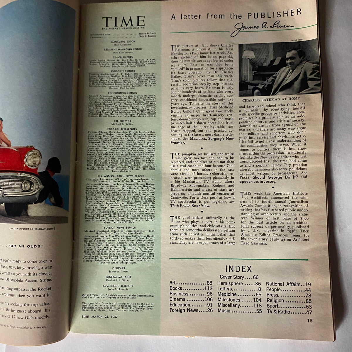 Inside page of VTG Time Magazine March 25, 1957 Vol 69 No. 12 featuring a letter from the publisher, James A. Linen, discussing Charles Bateman, a physician. The layout includes an index of topics such as art, politics, and foreign news.