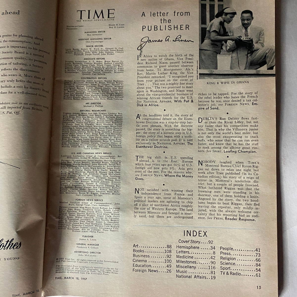 Interior page of VTG Time Magazine March 18, 1957 Vol 69 No. 11 showing a letter from the publisher, James A. Linen, along with a feature on Ghana and various editorial contents.