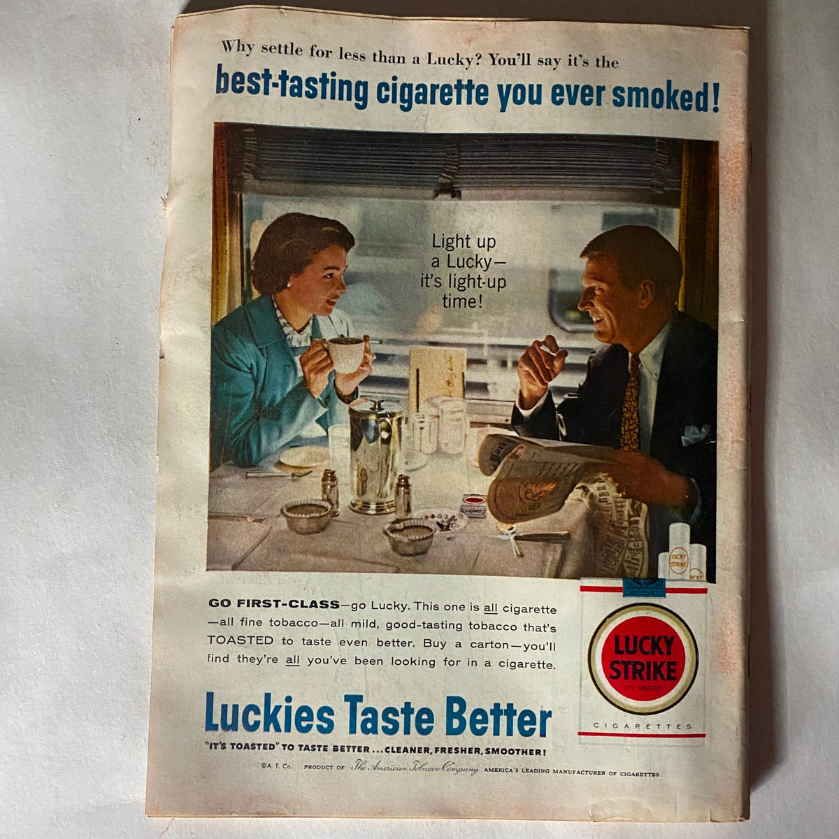Vintage advertisement from the March 11, 1957 issue of Time Magazine, promoting Lucky Strike cigarettes. This magazine issue features Israel's David Ben-Gurion.