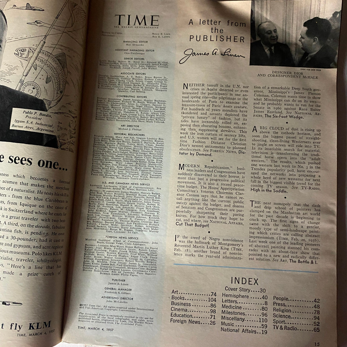 Inside page of VTG Time Magazine March 4, 1957 Vol 69 No. 9 displaying editorial content and features related to fashion and culture.
