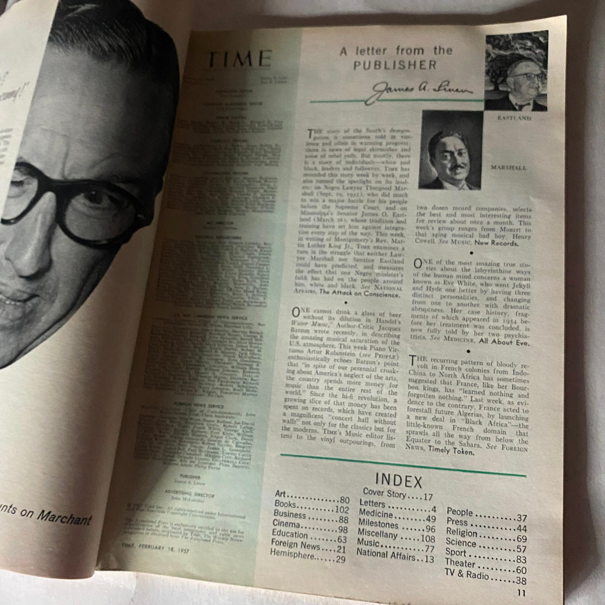 Interior page of VTG Time Magazine February 18, 1957 featuring a letter from the publisher and contents index, highlighting significant articles from Volume 69, Issue 7.
