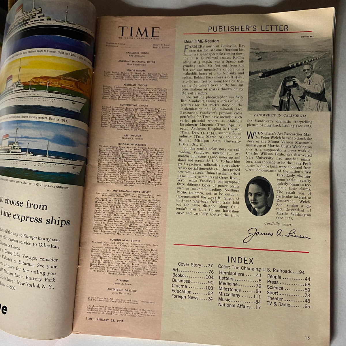 Inside spread of VTG Time Magazine January 28, 1957 Volume 69 No. 4, including the publisher's letter and content index.