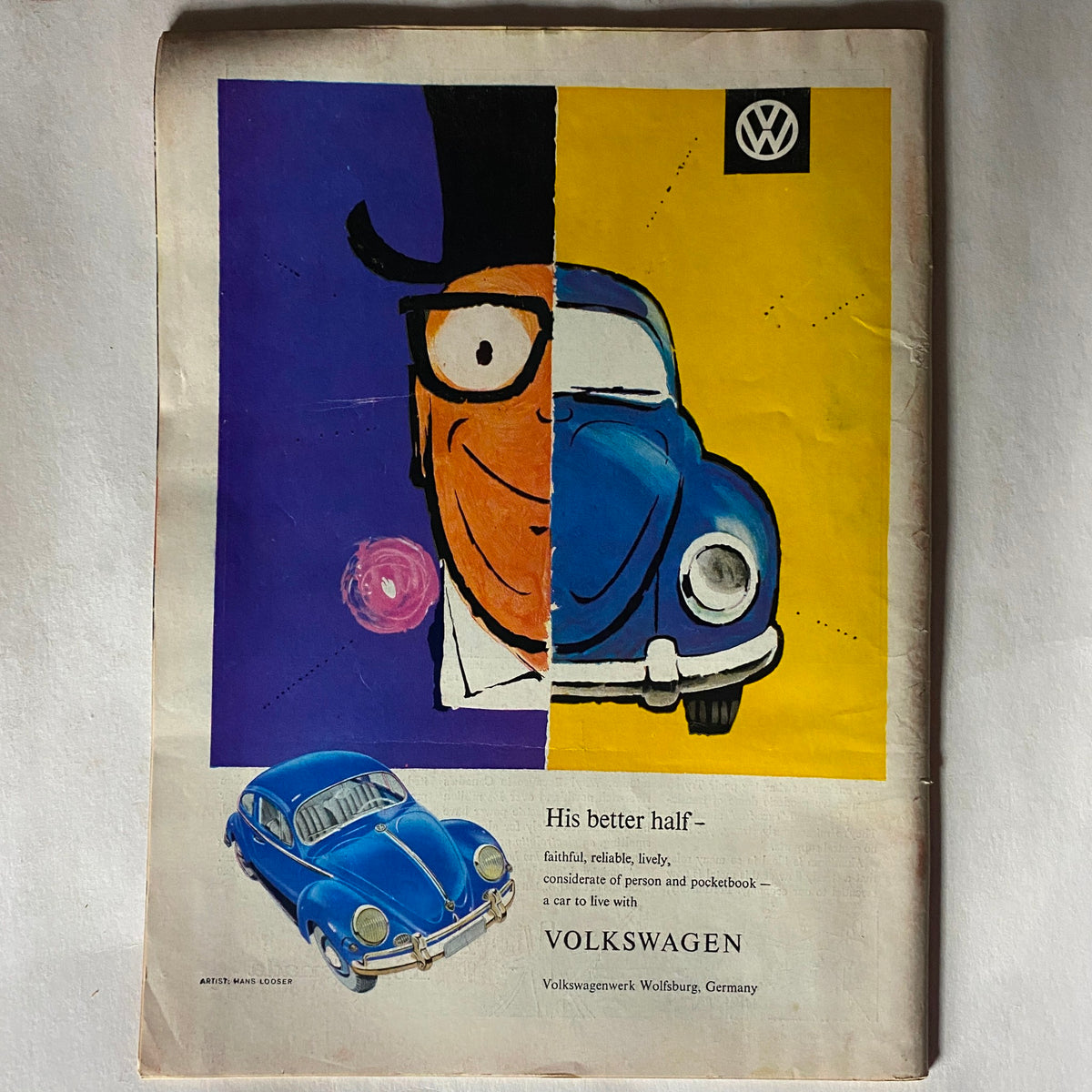 Advertisement page from VTG Time Magazine December 31, 1956 Vol 68 No. 27 promoting Volkswagen, featuring colorful artwork and a classic car illustration.