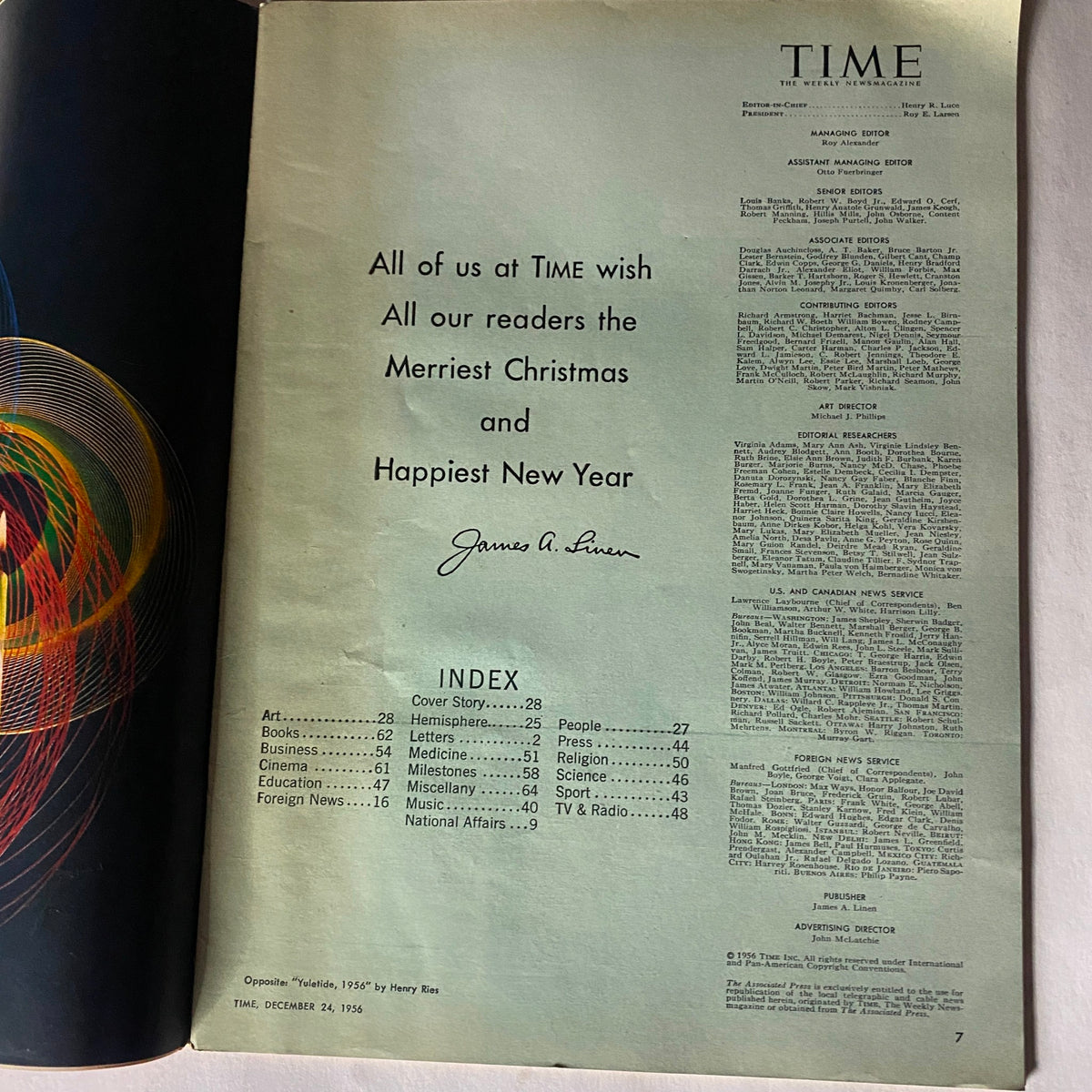 Inside page of VTG Time Magazine December 24, 1956, featuring the holiday greeting from the editor James A. Linen and the magazine's index.
