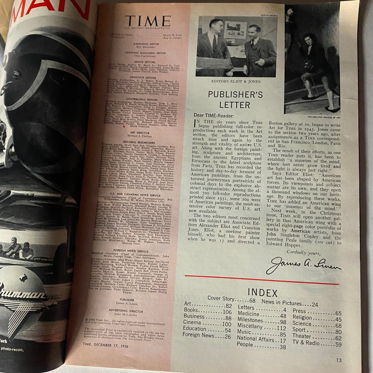 Interior page of VTG Time Magazine dated December 17, 1956, including the publisher's letter and index of contents.