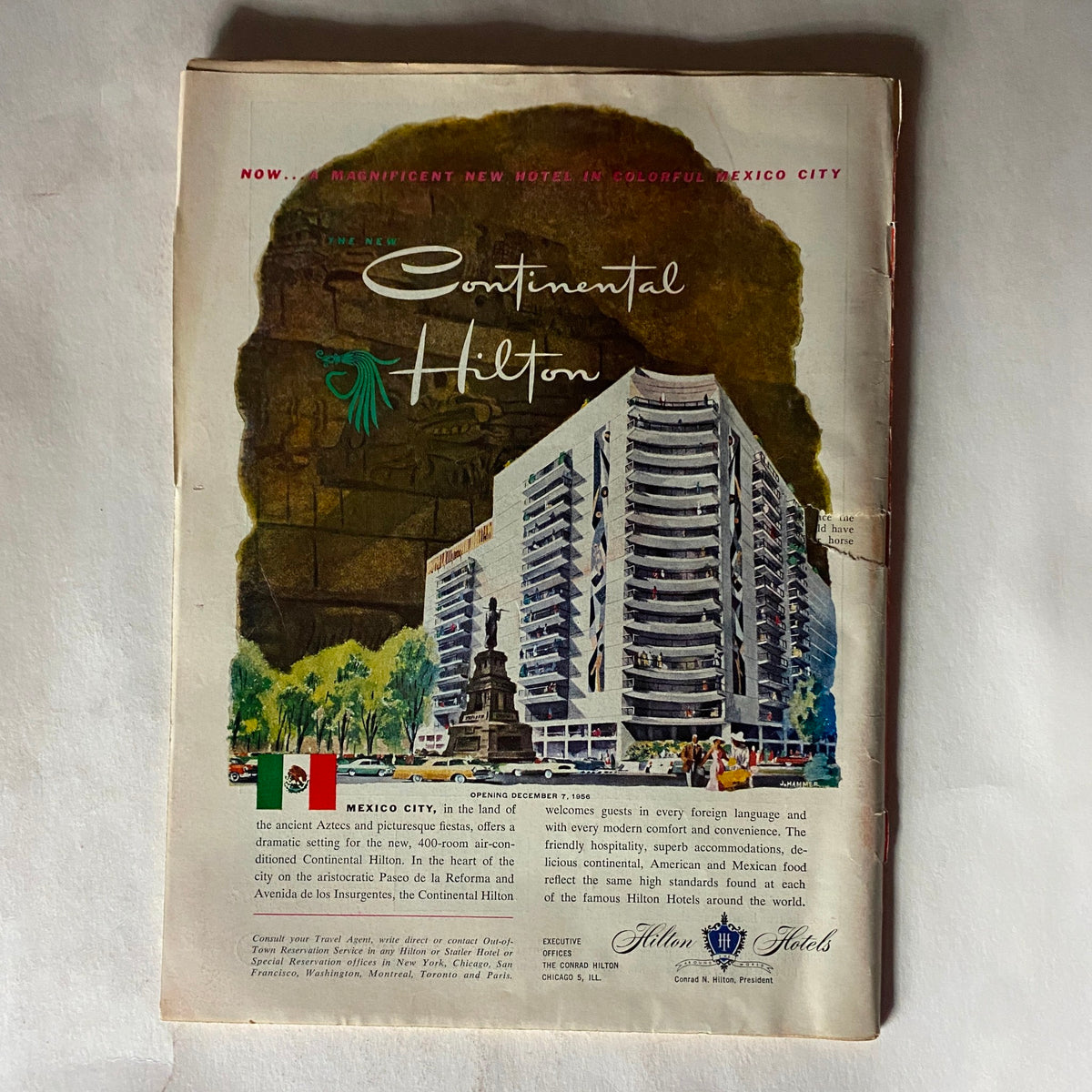 Advertisement page from VTG Time Magazine November 26, 1956 promoting the newly opened Continental Hilton Hotel in Mexico City.