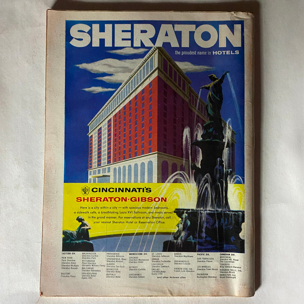 Back cover of the vintage Time Magazine from November 5, 1956, advertising Sheraton Hotels with a vibrant illustration of the Sheraton-Gibson in Cincinnati.