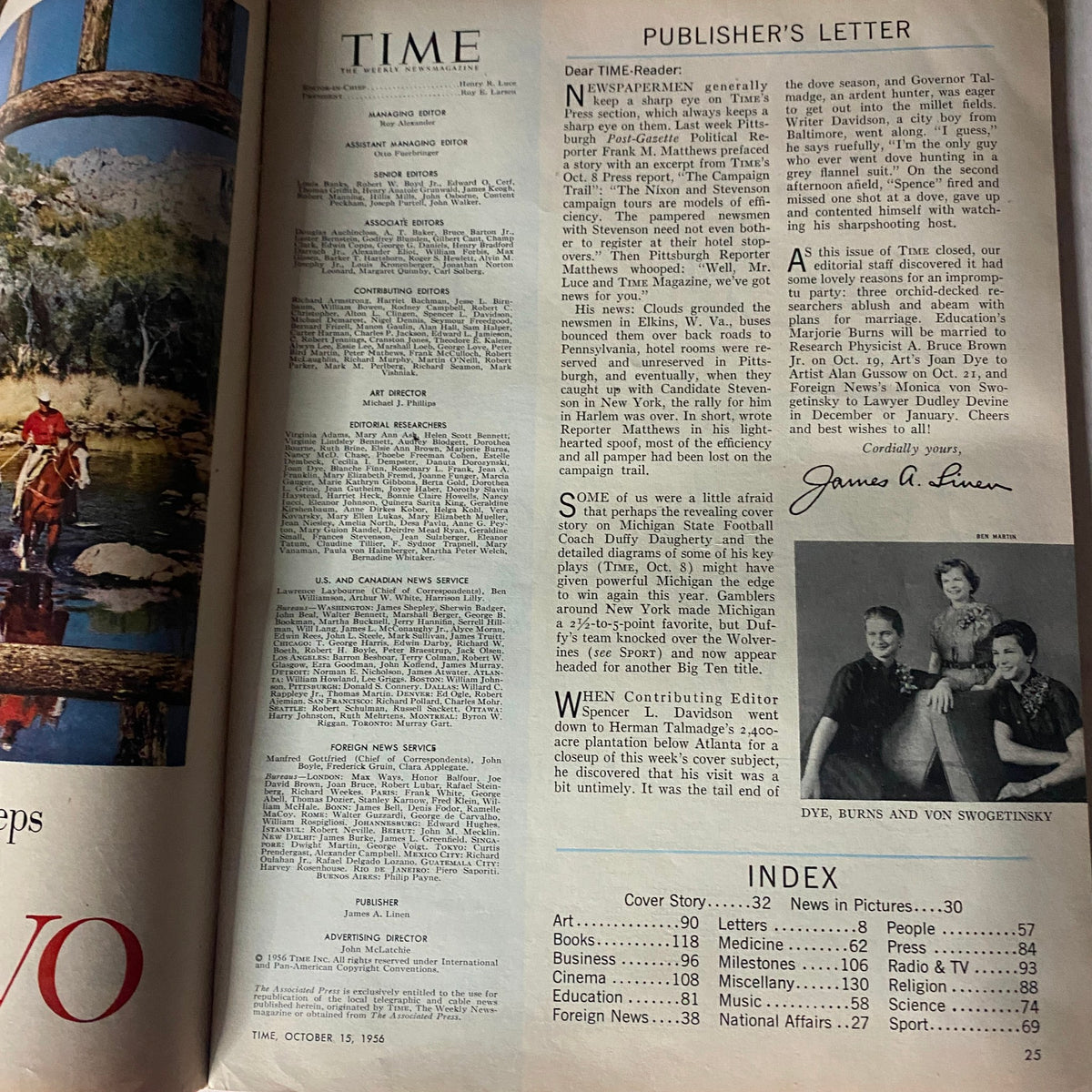 Interior page of VTG Time Magazine October 15, 1956 Vol 68 No. 16 showing the Publisher's Letter and magazine index, reflecting the edition's content and era.