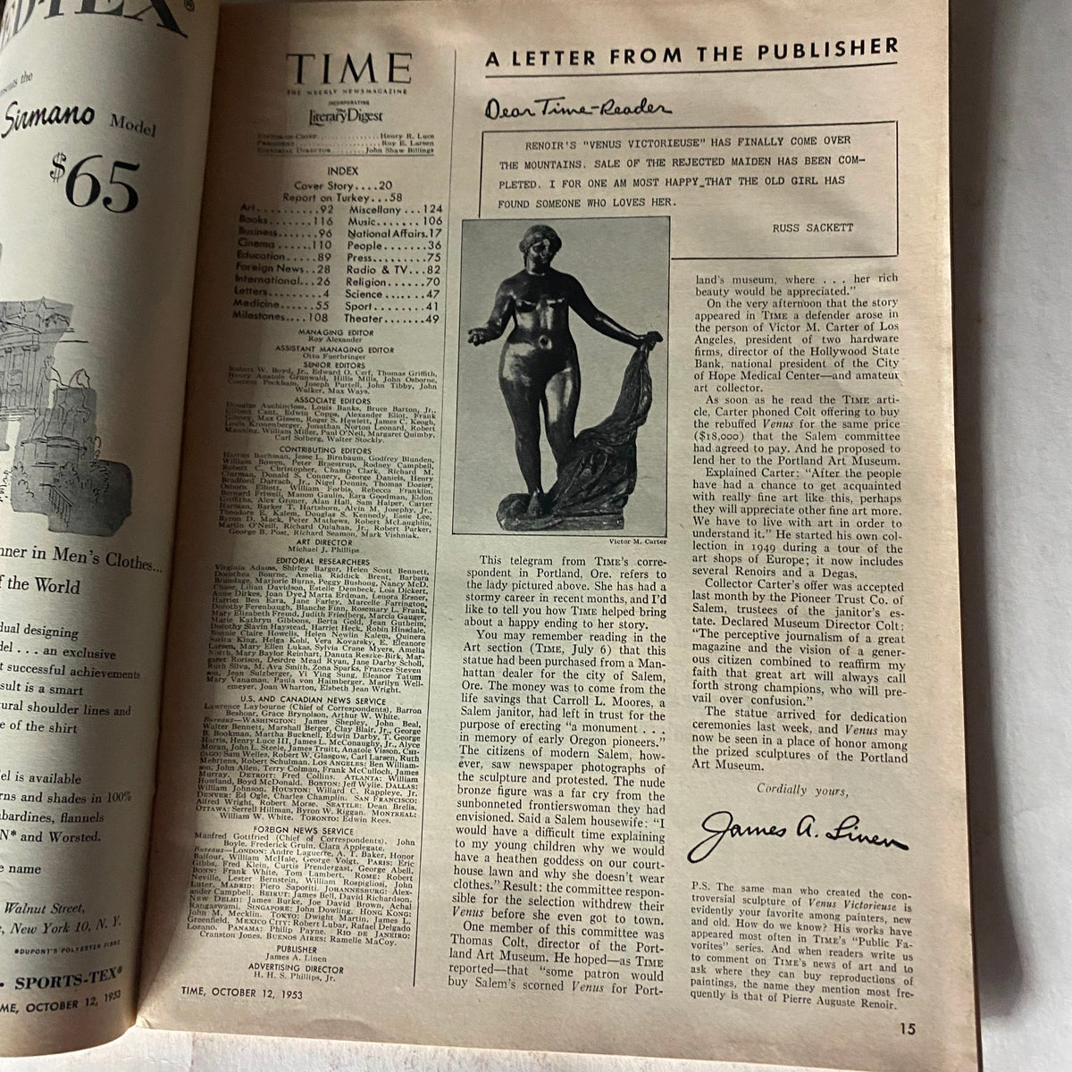 Interior page from VTG Time Magazine October 12, 1953, featuring a letter from the publisher and an article index with historical content.