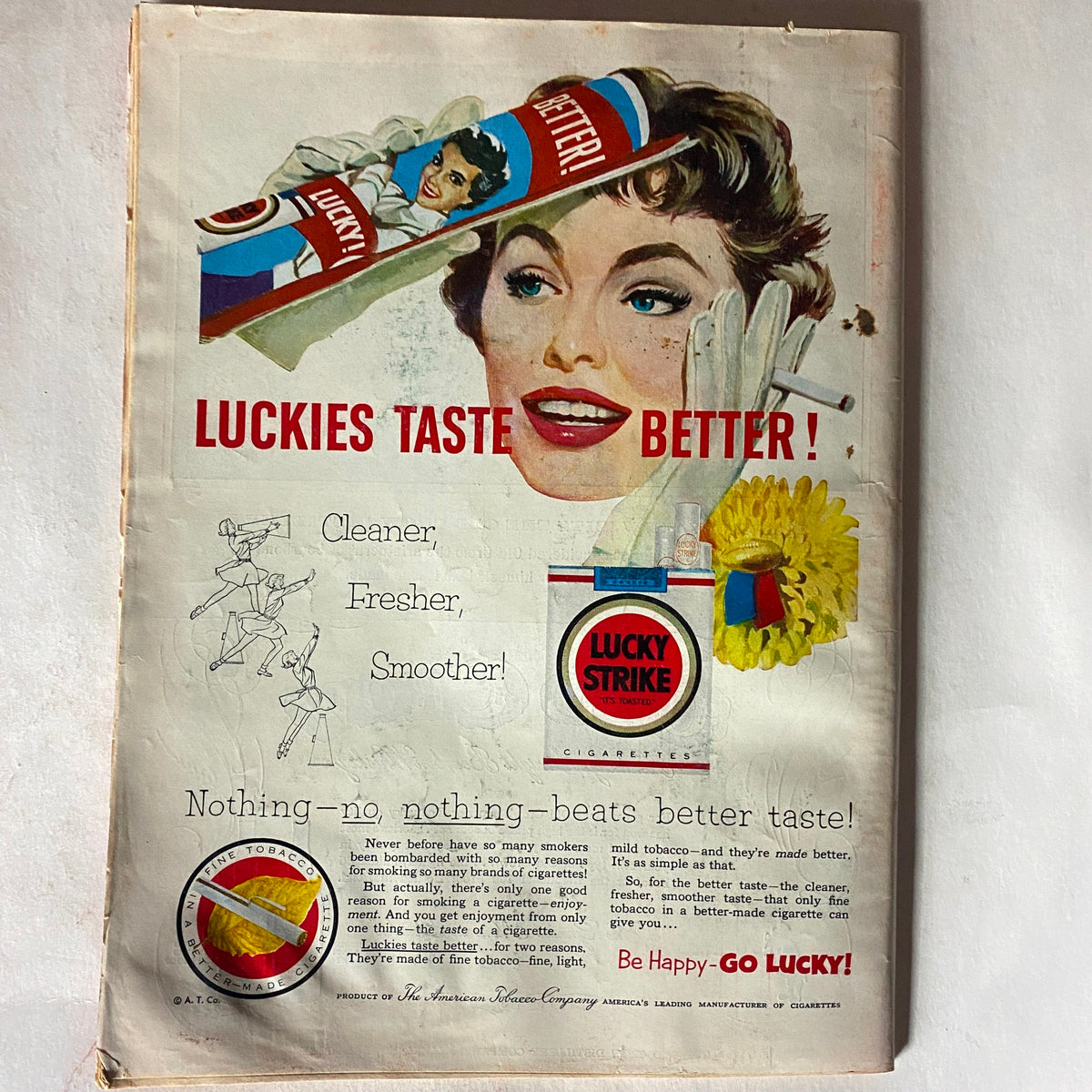 Vintage Lucky Strike cigarette advertisement from VTG Time Magazine October 5, 1953, highlighting the slogan 'Luckies Taste Better!' with a smiling woman.