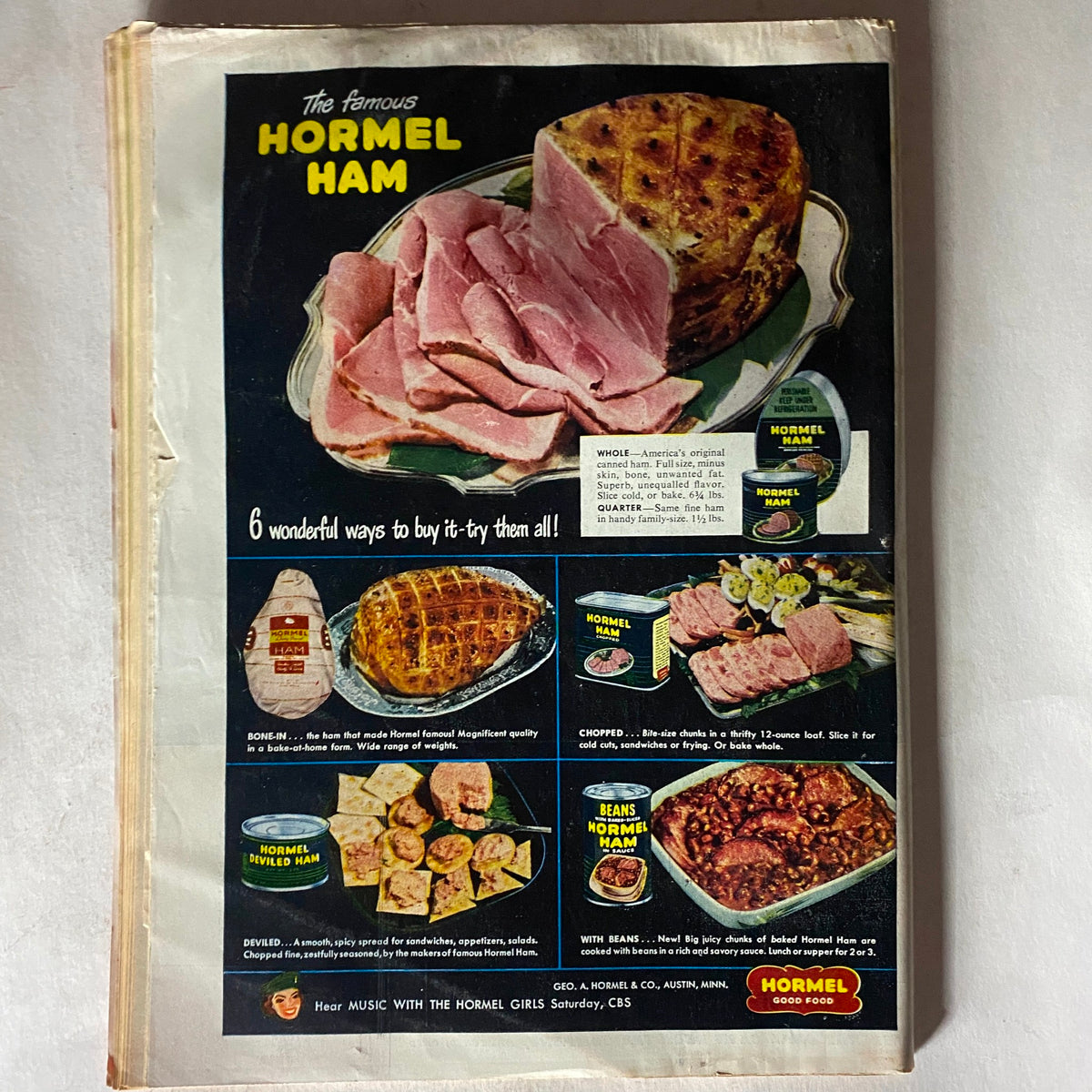 Back cover of VTG Time Magazine June 22, 1953 showcasing an advertisement for Hormel Ham with various ways to enjoy the product.