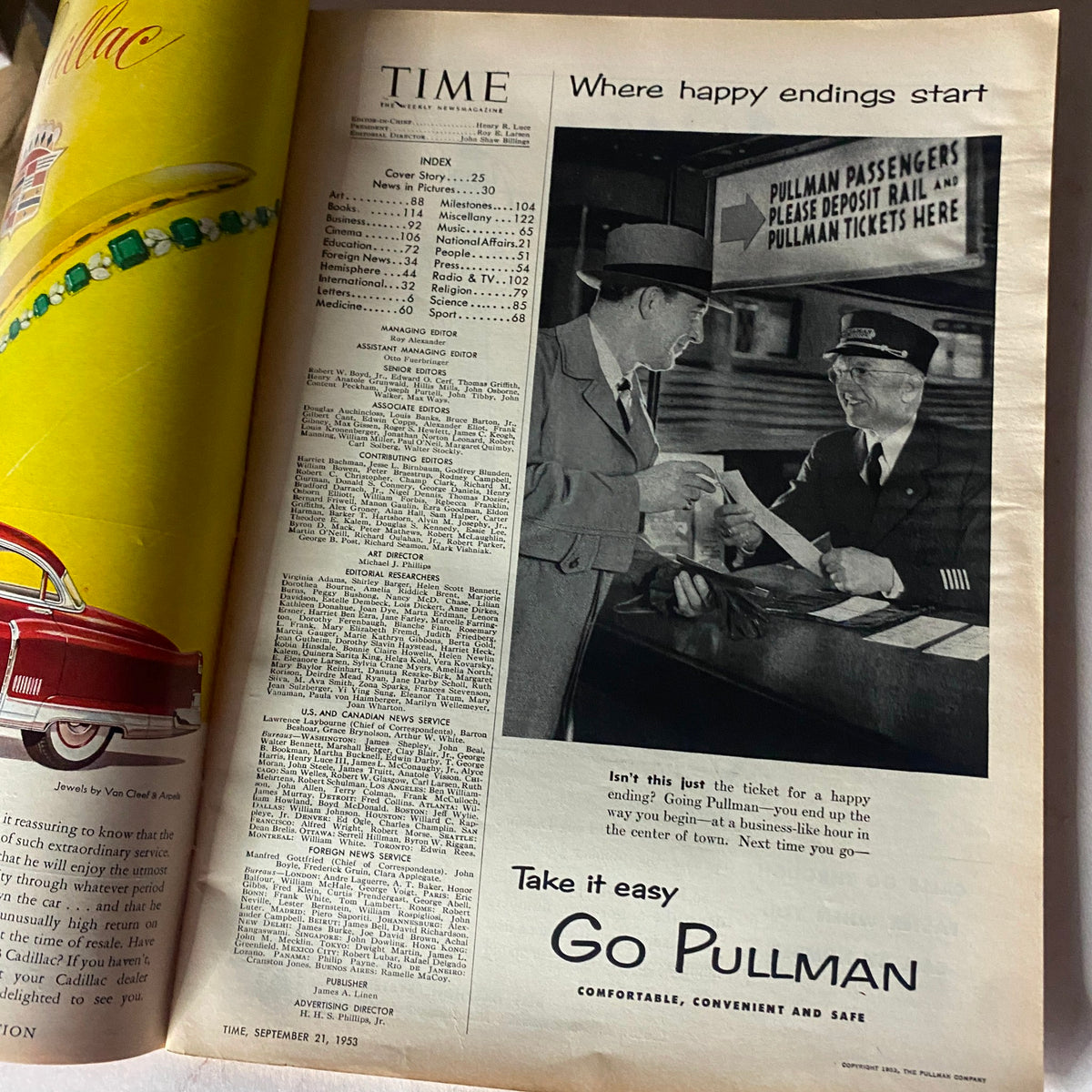 Inside page of VTG Time Magazine from September 21, 1953, featuring an advertisement and index, showcasing mid-20th century design.
