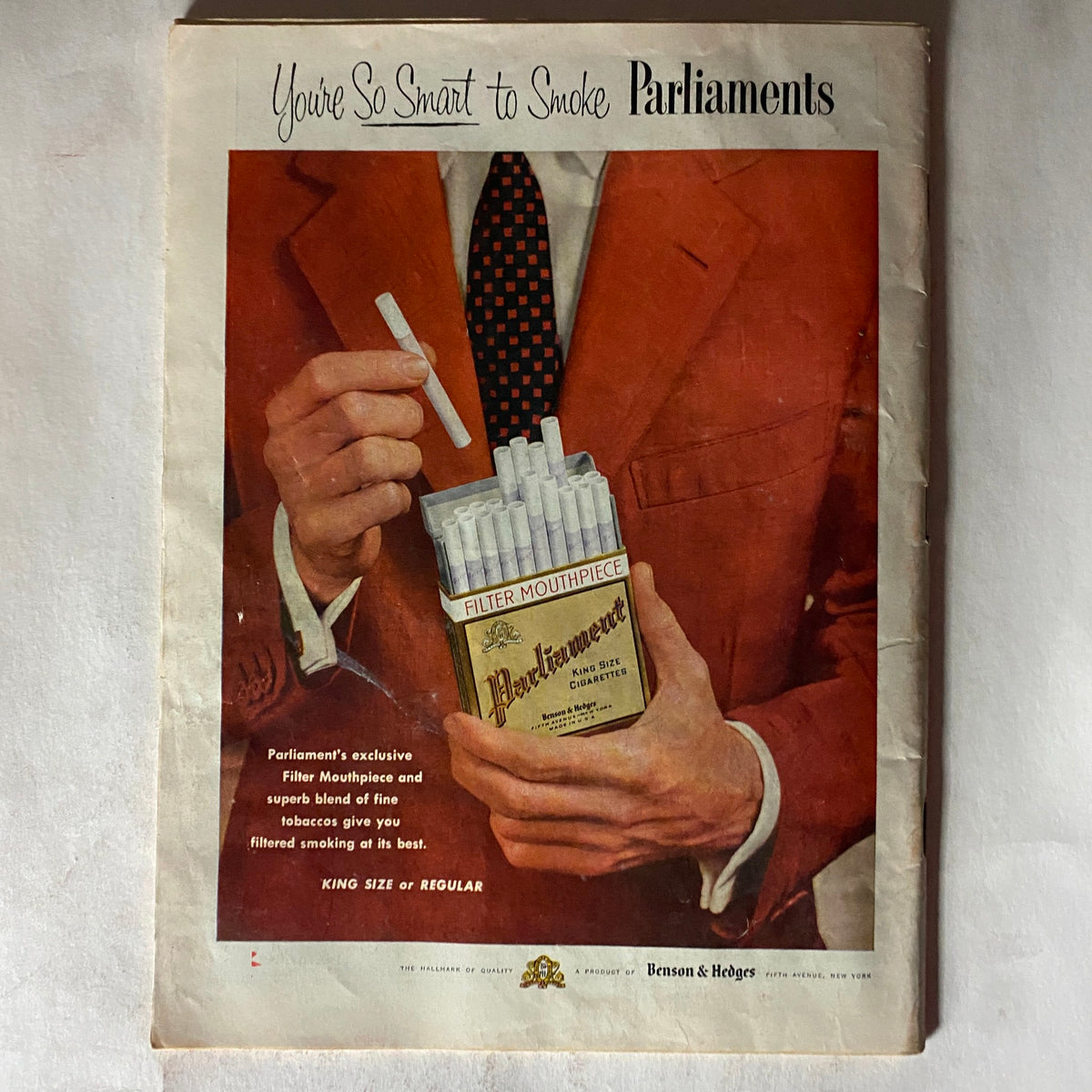 Vintage Time Magazine August 30, 1954 Vol 64 No. 9 cover featuring an advertisement for Parliament cigarettes showcasing a man holding a pack of cigarettes with text promoting their filter mouthpiece.