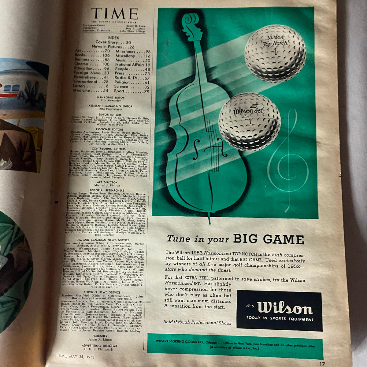 Inside page of VTG Time Magazine May 25, 1953, displaying the table of contents and advertisements, illustrating the magazine's layout and content diversity from the 1950s.