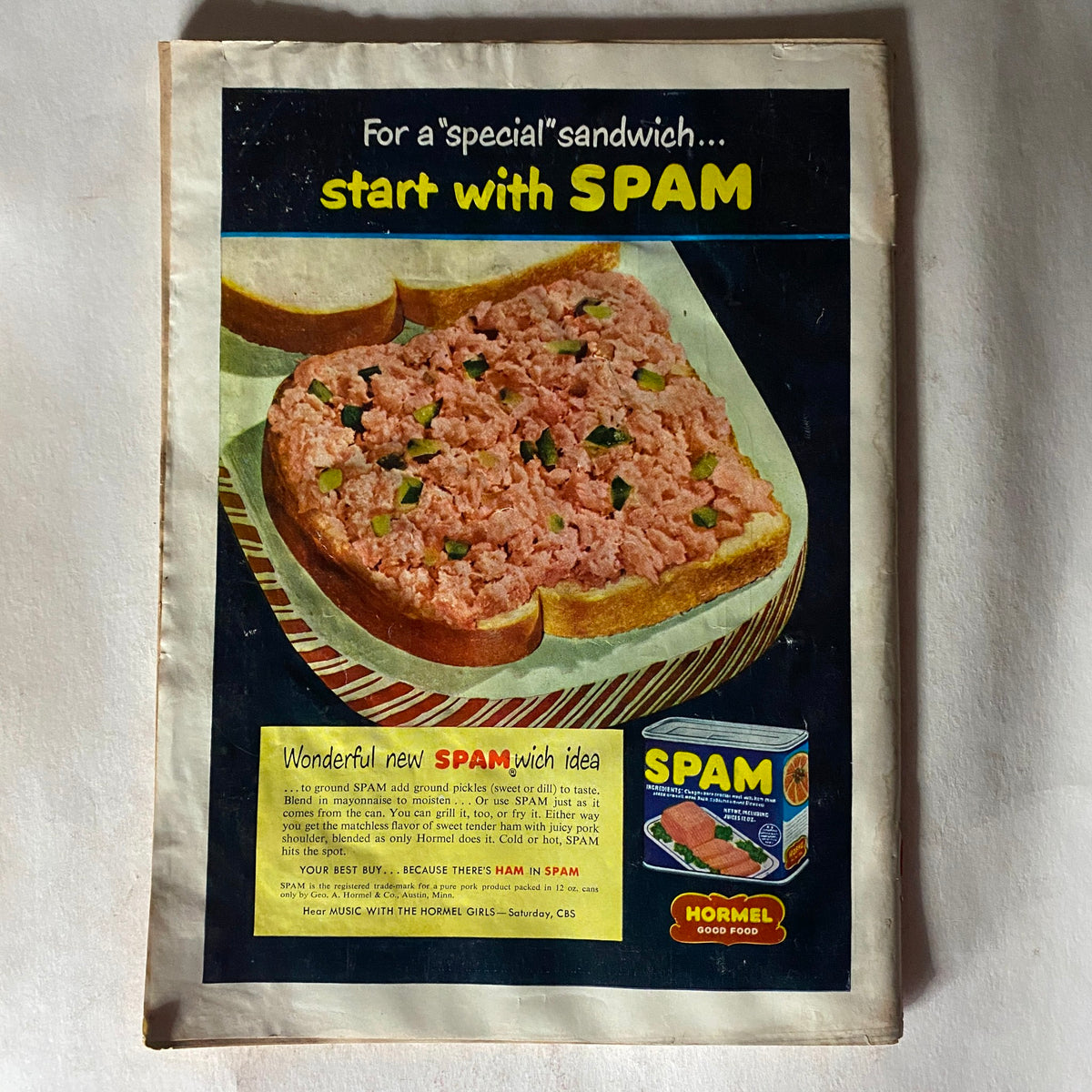 Vintage advertisement featuring a sandwich made with Spam, promoting a unique Spam recipe. Title reference: VTG Time Magazine May 25, 1953 Vol 61 No. 21 Italy's Alcide De Gasperi.